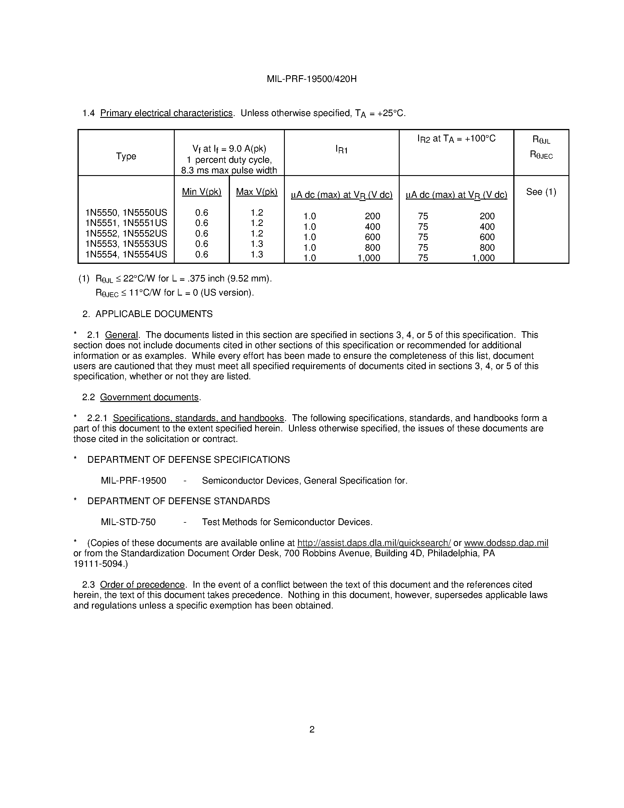 Datasheet JANTX1N5550 - (1N5550 / 1N5551 / 1N5552 / 1N5553 / 1N5554) page 2