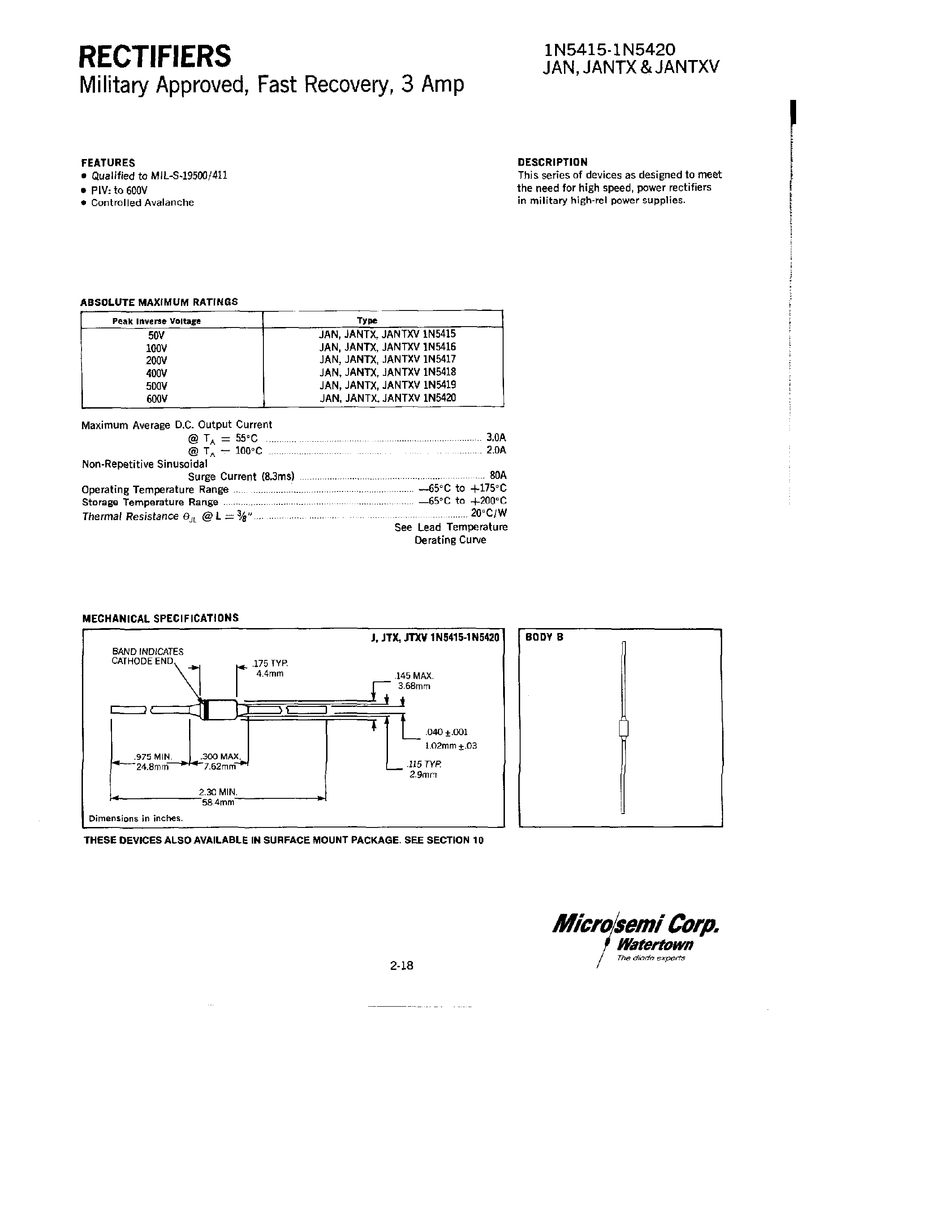 Datasheet JANTX1N541x - RECTIFIERS page 1