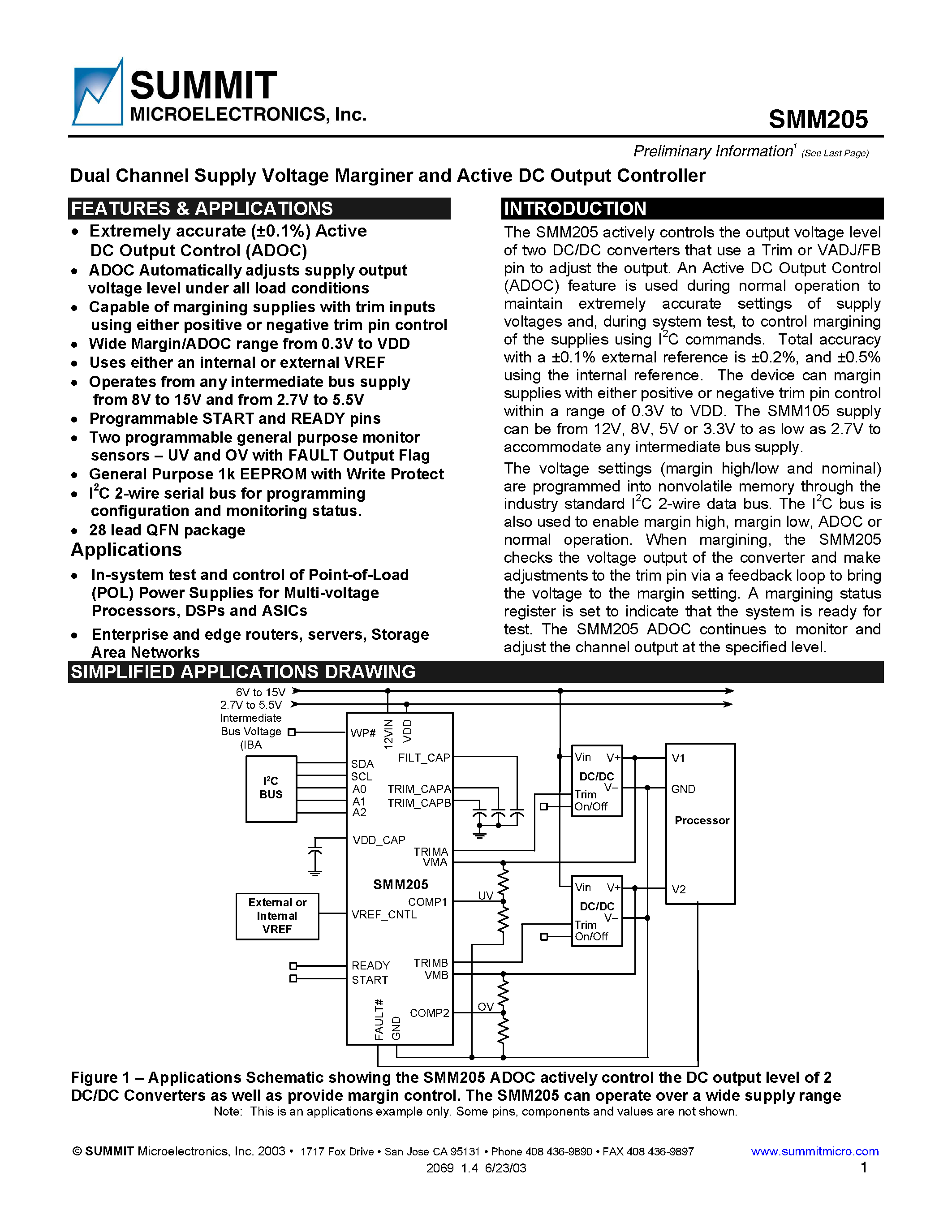 Datasheet SMM205 - Dual Channel Supply Voltage Marginer and Active DC Output Controller page 1