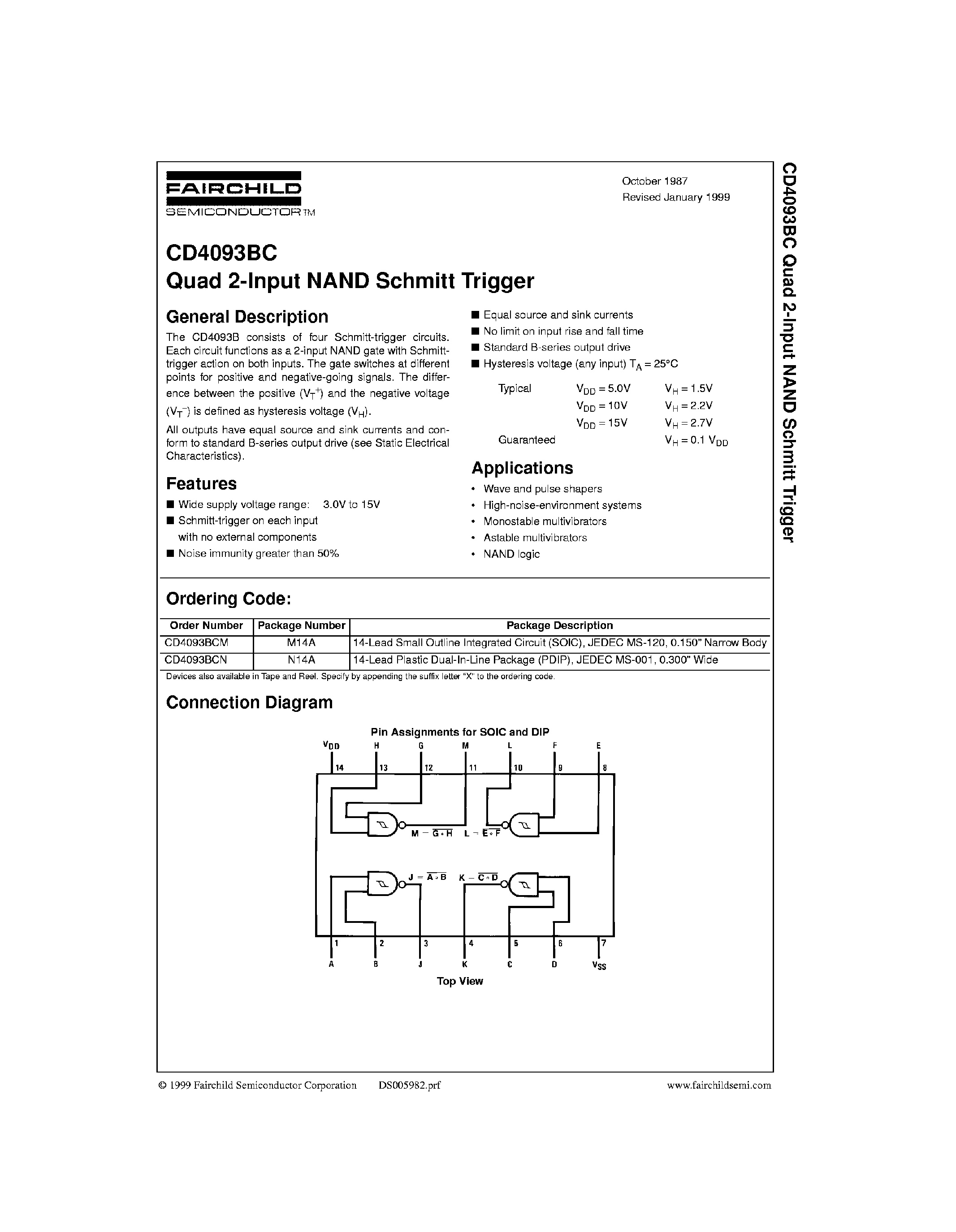 Datasheet 4093B - Quad 2-input NAND Schmitt trigger page 1
