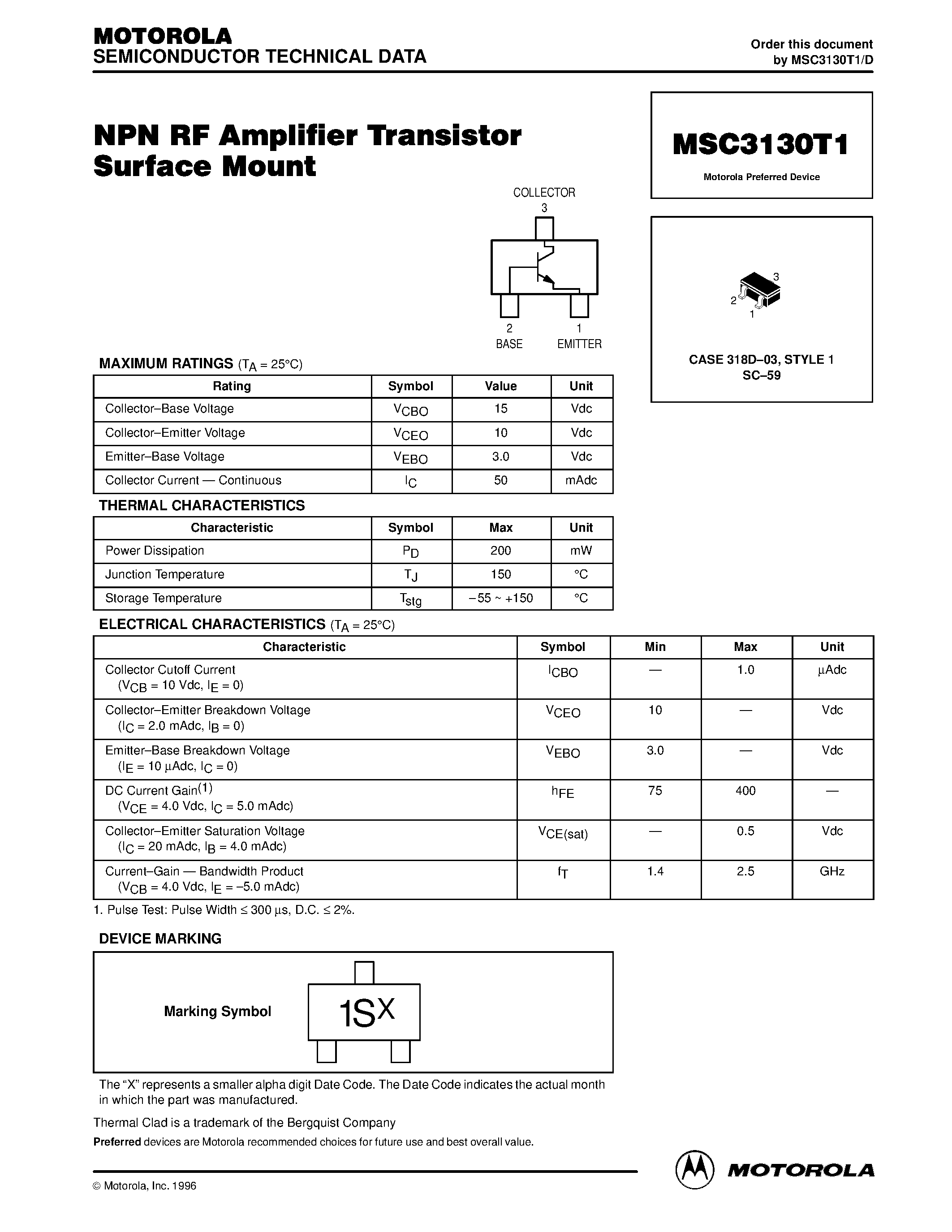 Datasheet MSC3130T1 - NPN RF Amplifier Transistors Surface Mount page 1