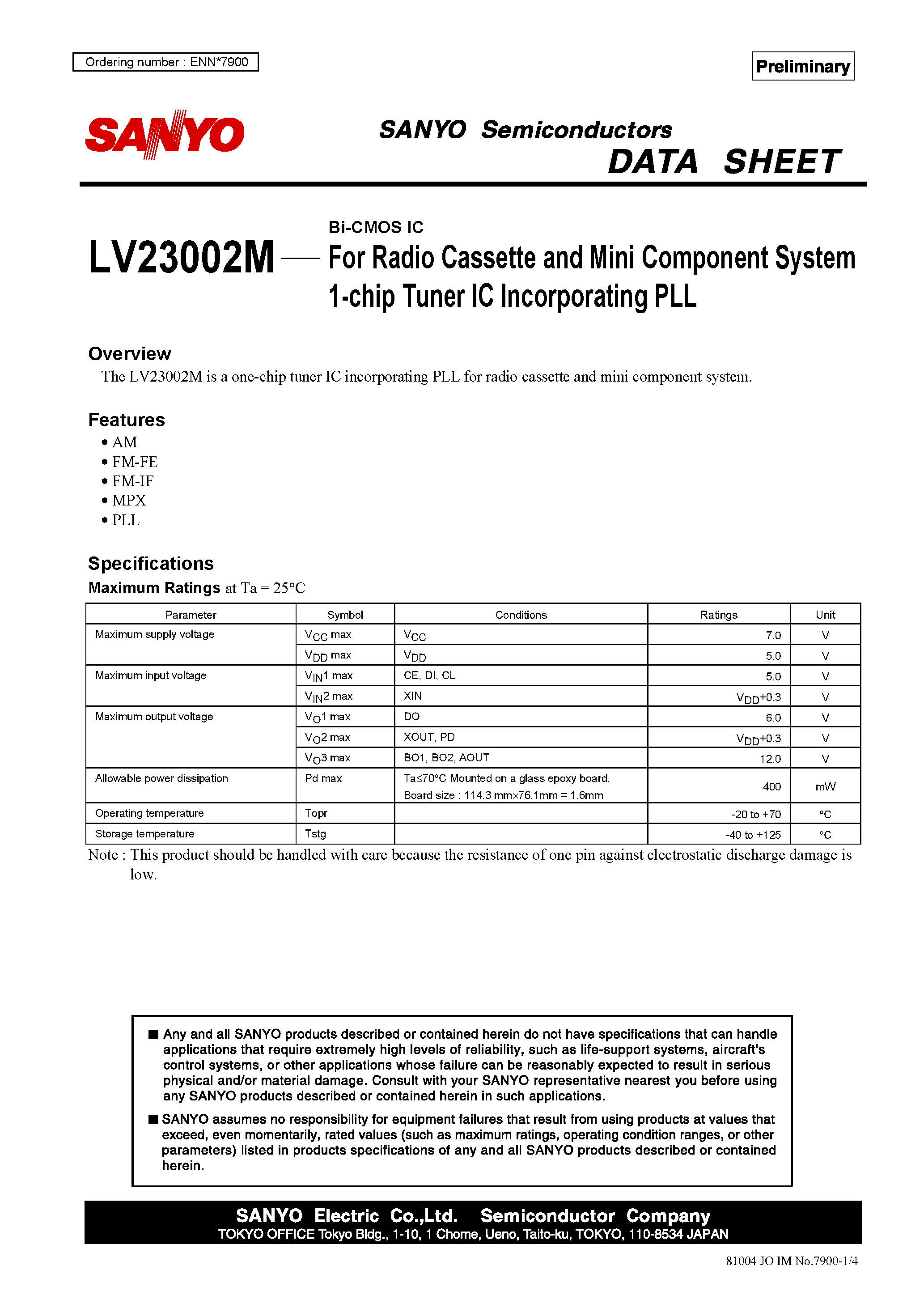 Даташит LV23002M - for Radio Cassette and Mini Component System 1-Chip Tuner IC Incorporating PLL страница 1