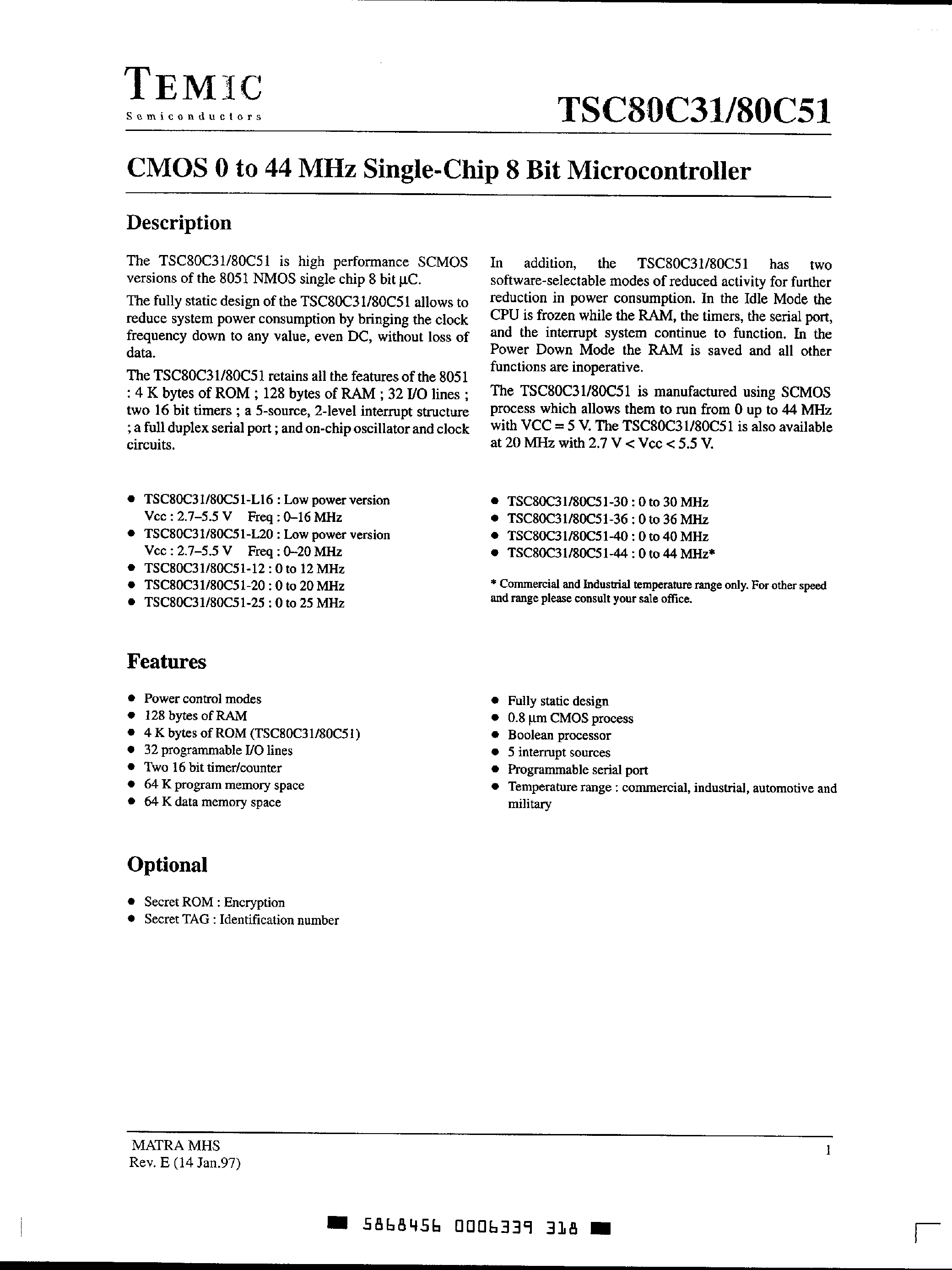 Datasheet MD80C51 - CMOS 0 to 44 Mhz Single-Chip 8-Bit Microcontroller page 1