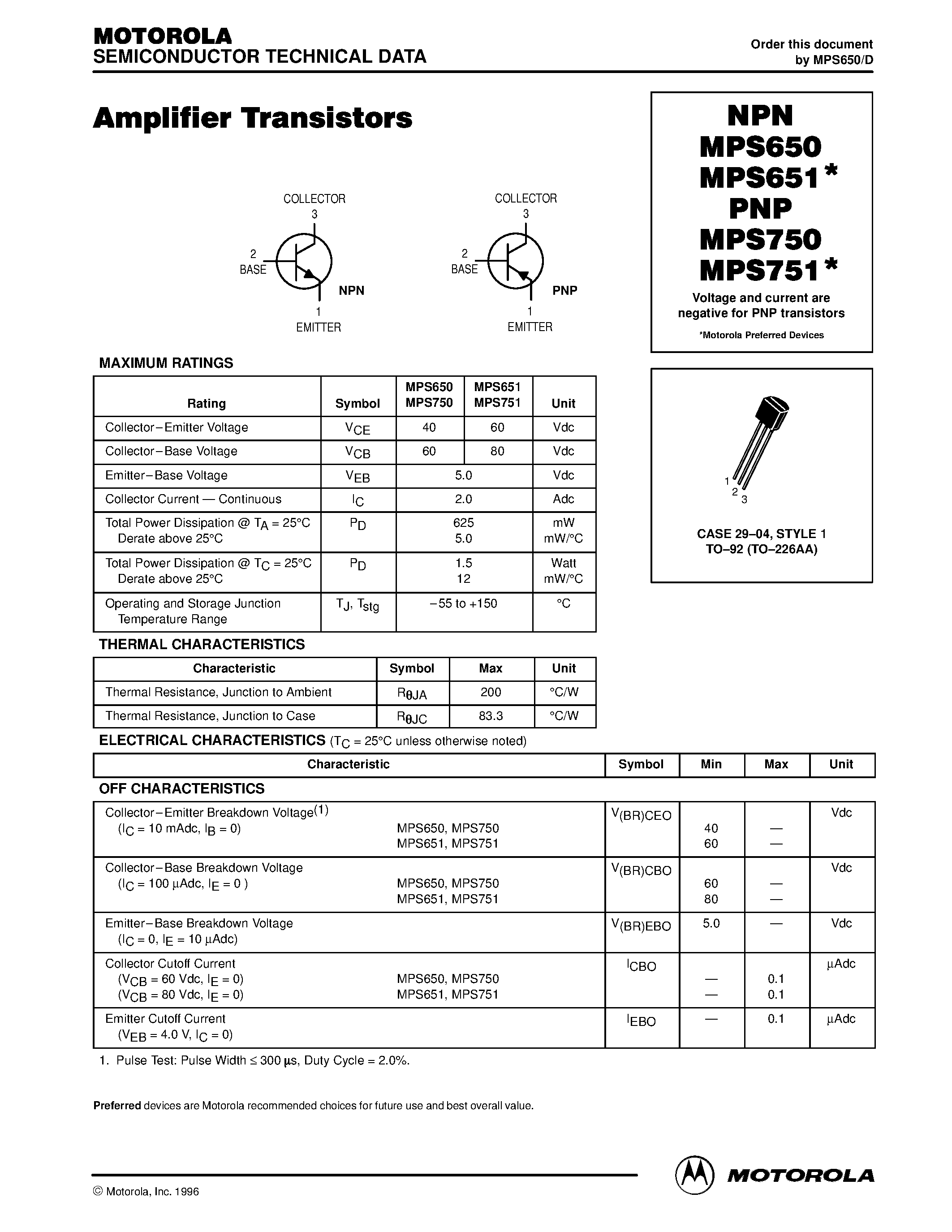 Datasheet MPS750 page 1 Datasheet MPS750 - (MPS750) Amplifier Transistors page 1