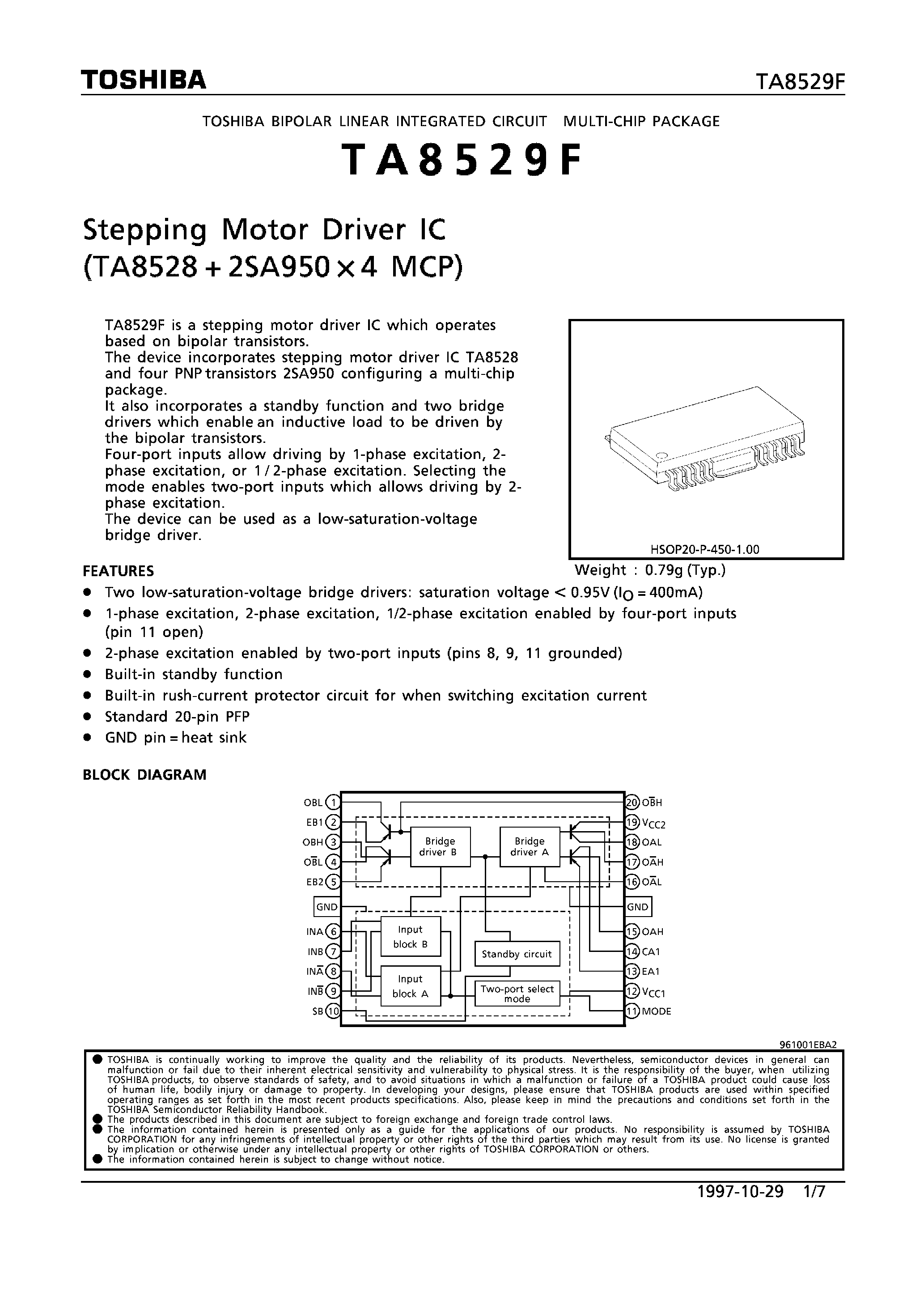 Даташит на микросхему TA8529F страница 1 Даташит TA8529F - STEPPING MOTOR DRIVER IC (TA8528 + 2SA950 x 4 MCP) страница 1