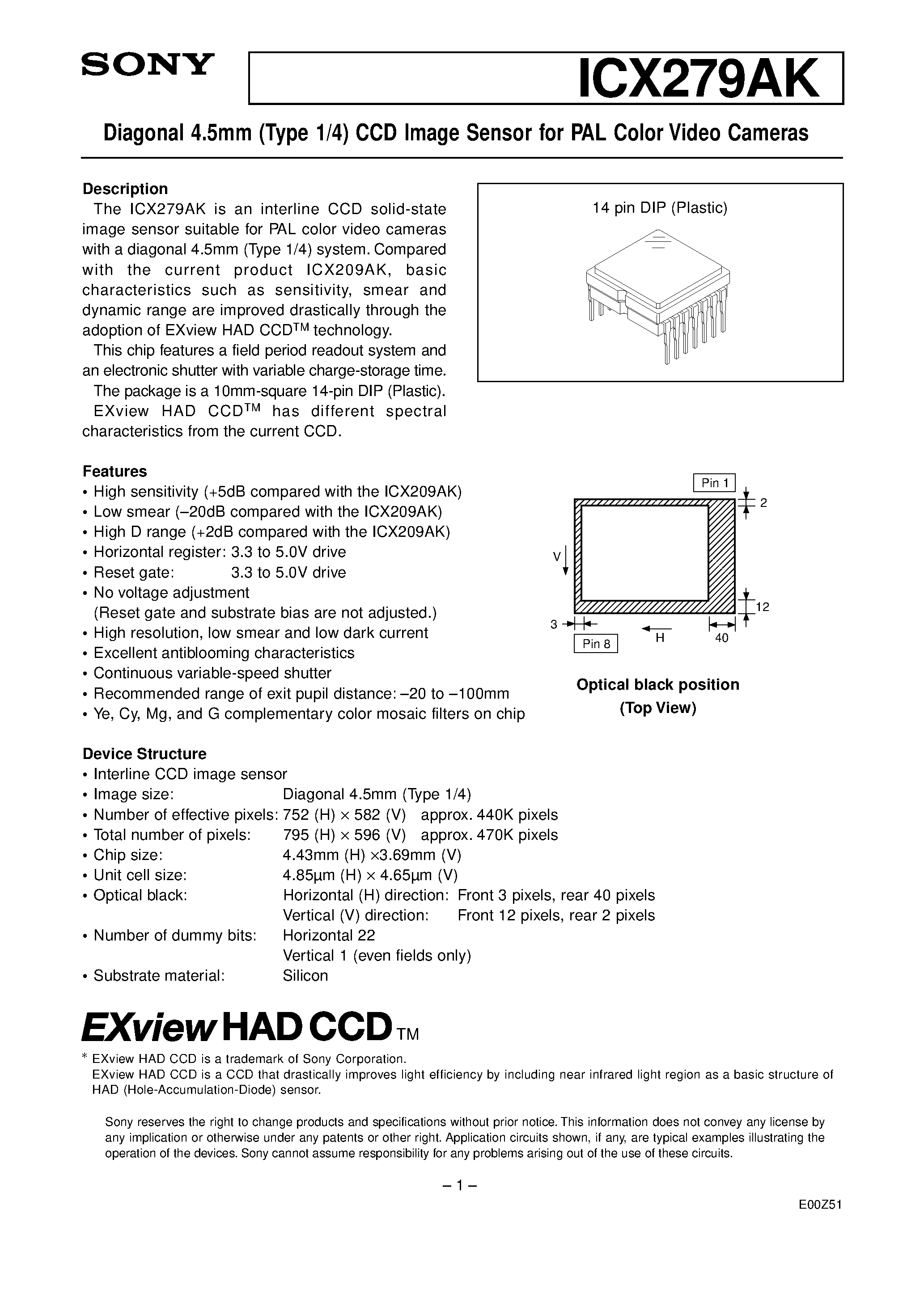 Datasheet ICX279AK - Diagonal 4.5mm (Type 1/4) CCD Image Sensor for PAL Color Video Cameras page 1