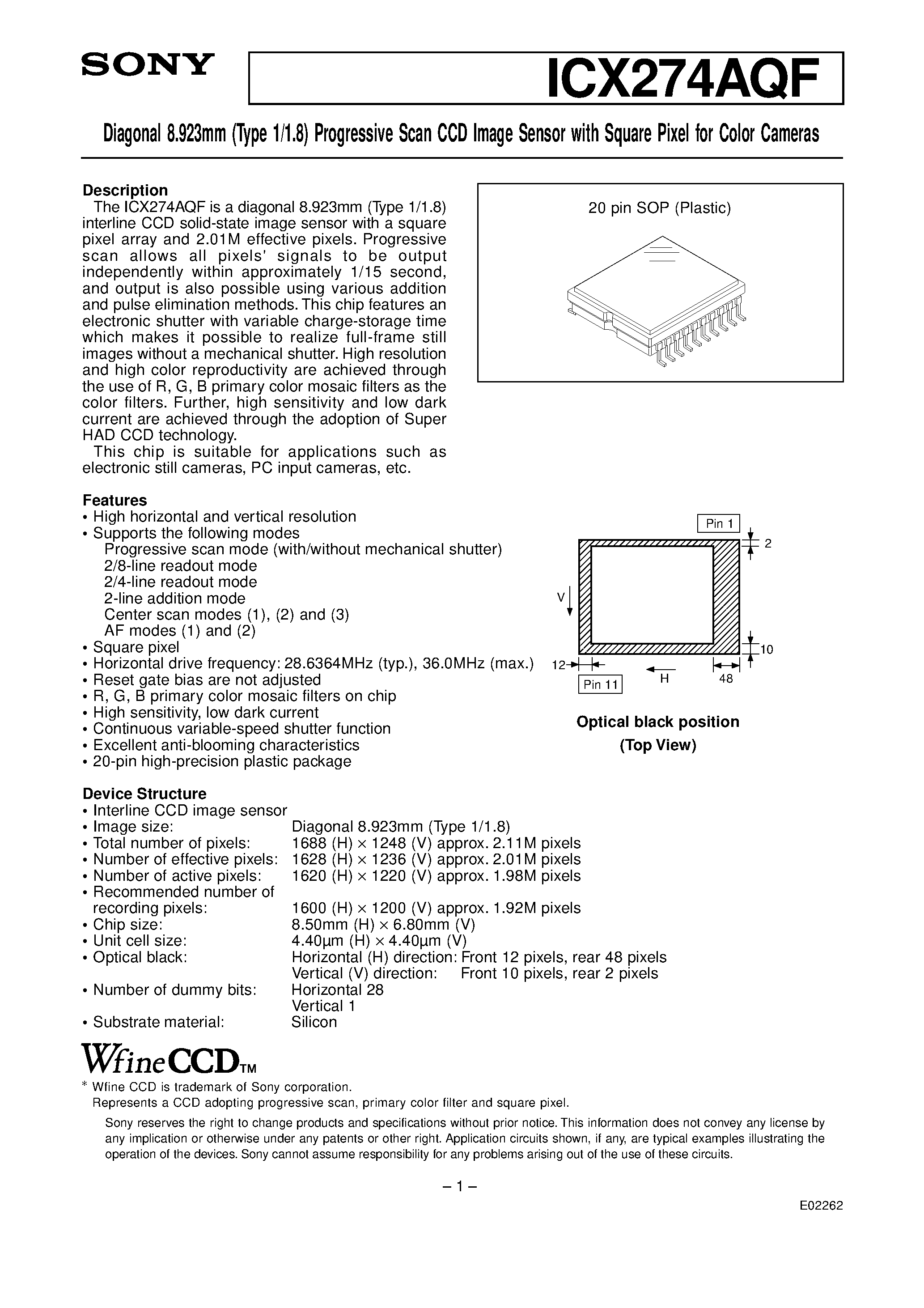 Datasheet ICX274AQF - Diagonal 8.923mm (Type 1/1.8) Progressive Scan CCD Image Sensor page 1