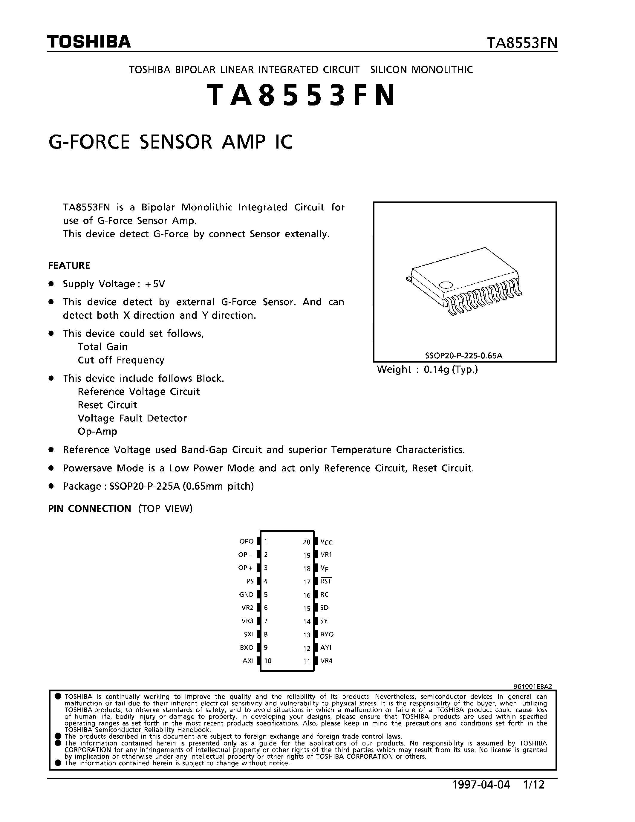 Datasheet TA8553FN page 1 Datasheet TA8553FN - G-FORCE SENSOR AMP IC page 1