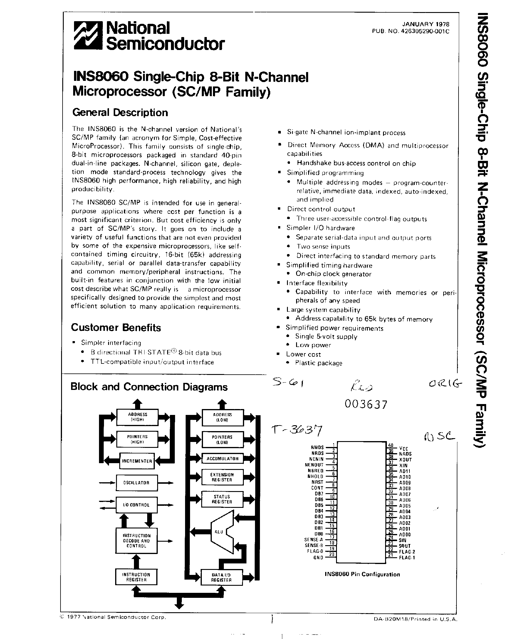 Datasheet INS8060 - Single-Chip 8-Bit N-Channel Microprocessor page 1