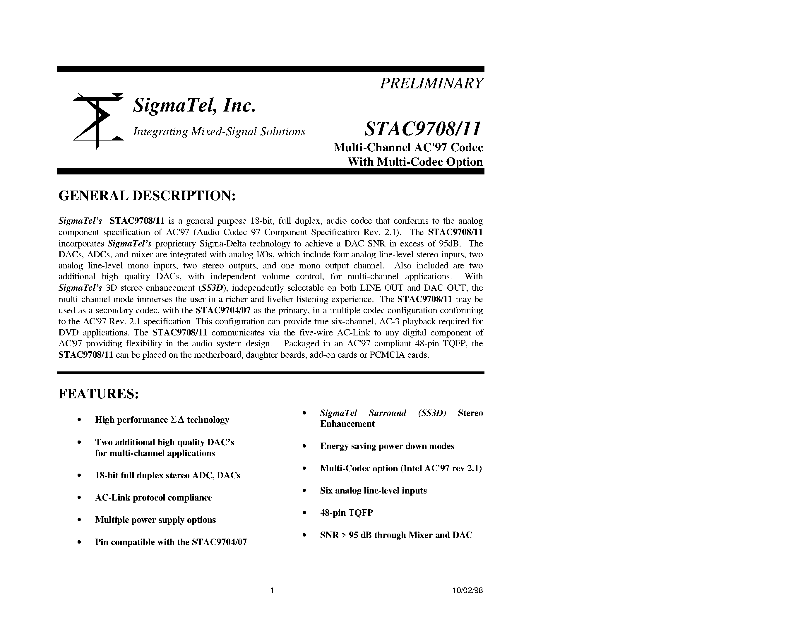Datasheet STAC9708 - (STAC9708) Multi-Channel AC97 Codec With Multi-Codec Option page 1