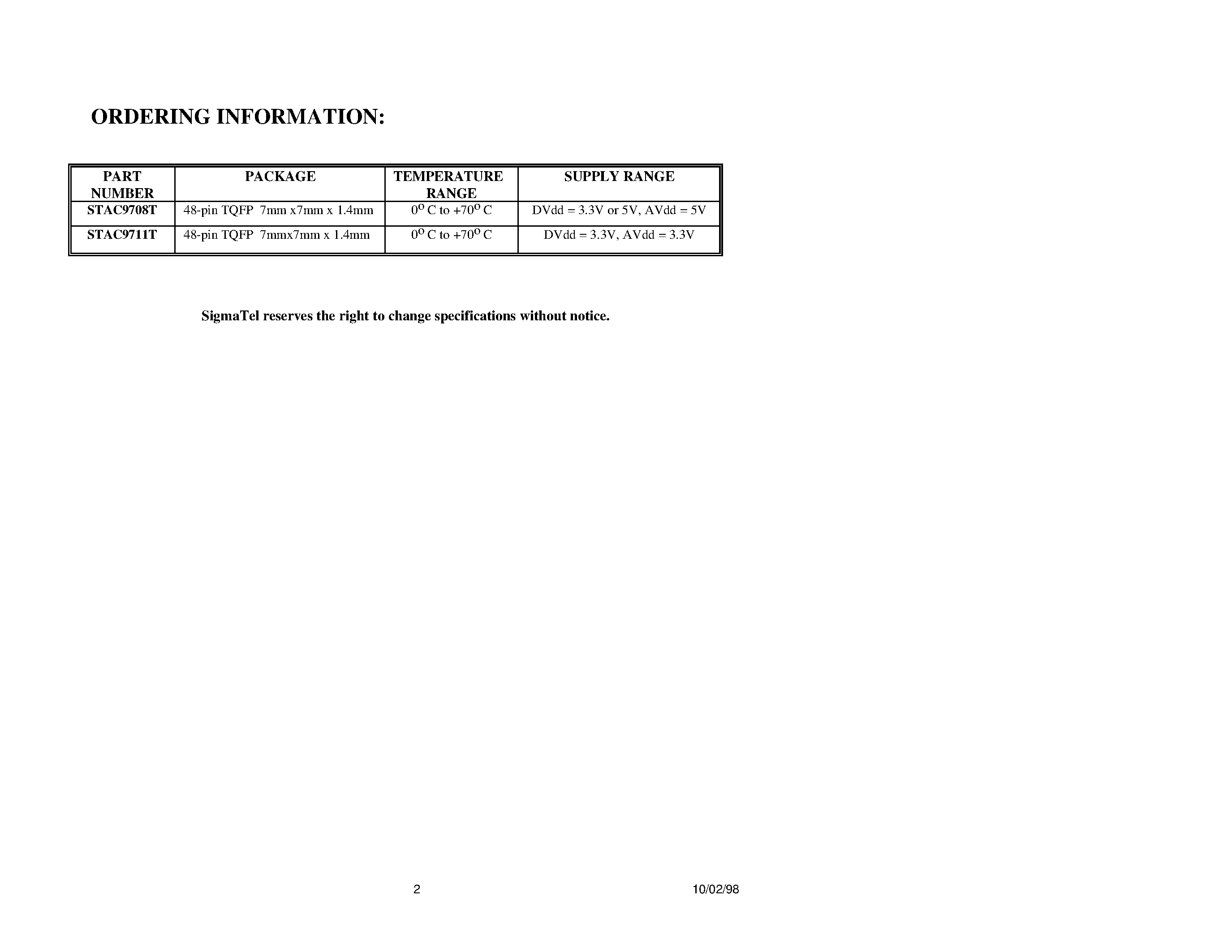 Datasheet STAC9708 - (STAC9708) Multi-Channel AC97 Codec With Multi-Codec Option page 2
