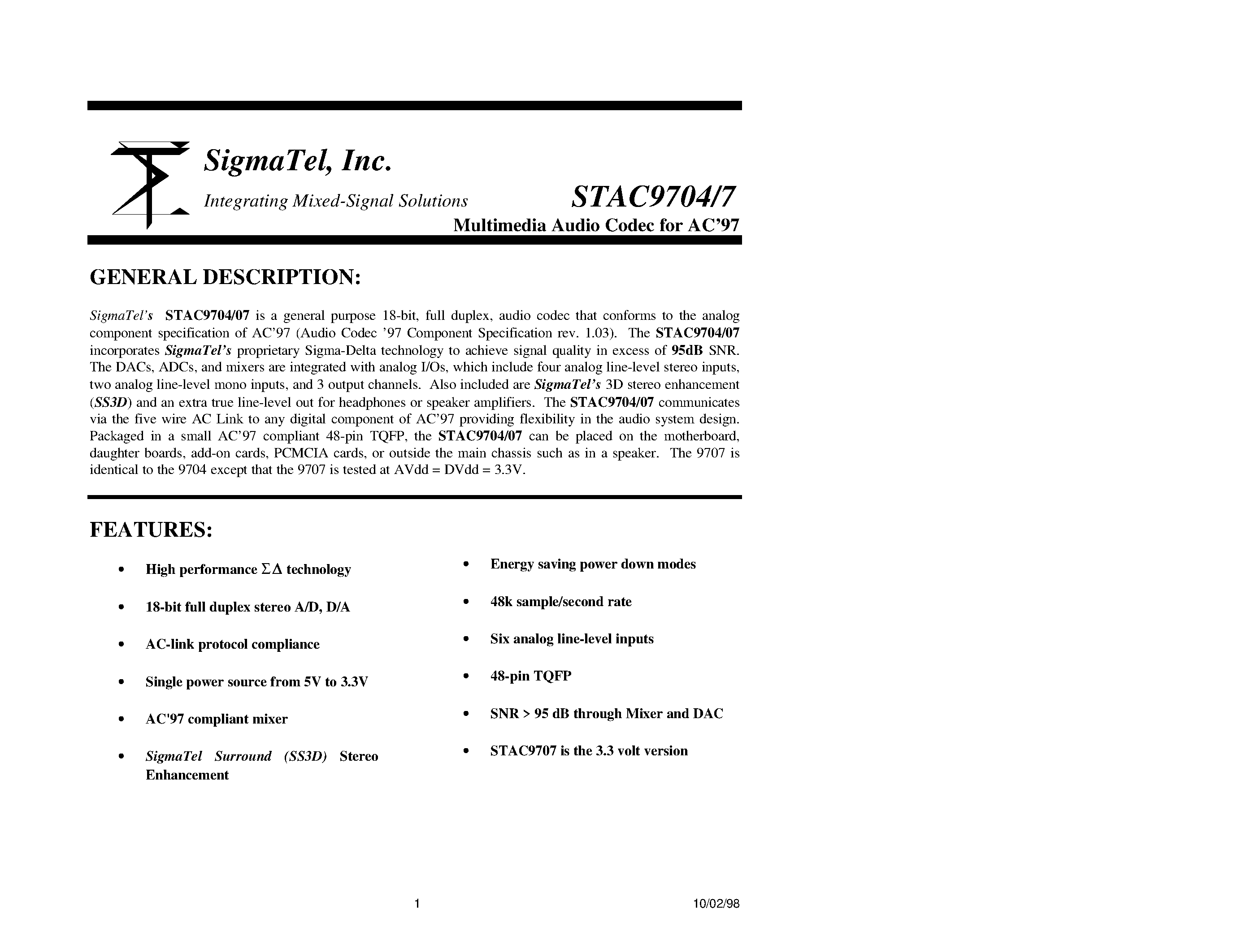 Datasheet STAC9704 - (STAC9704) Multimedia Audio Codec for AC97 page 1