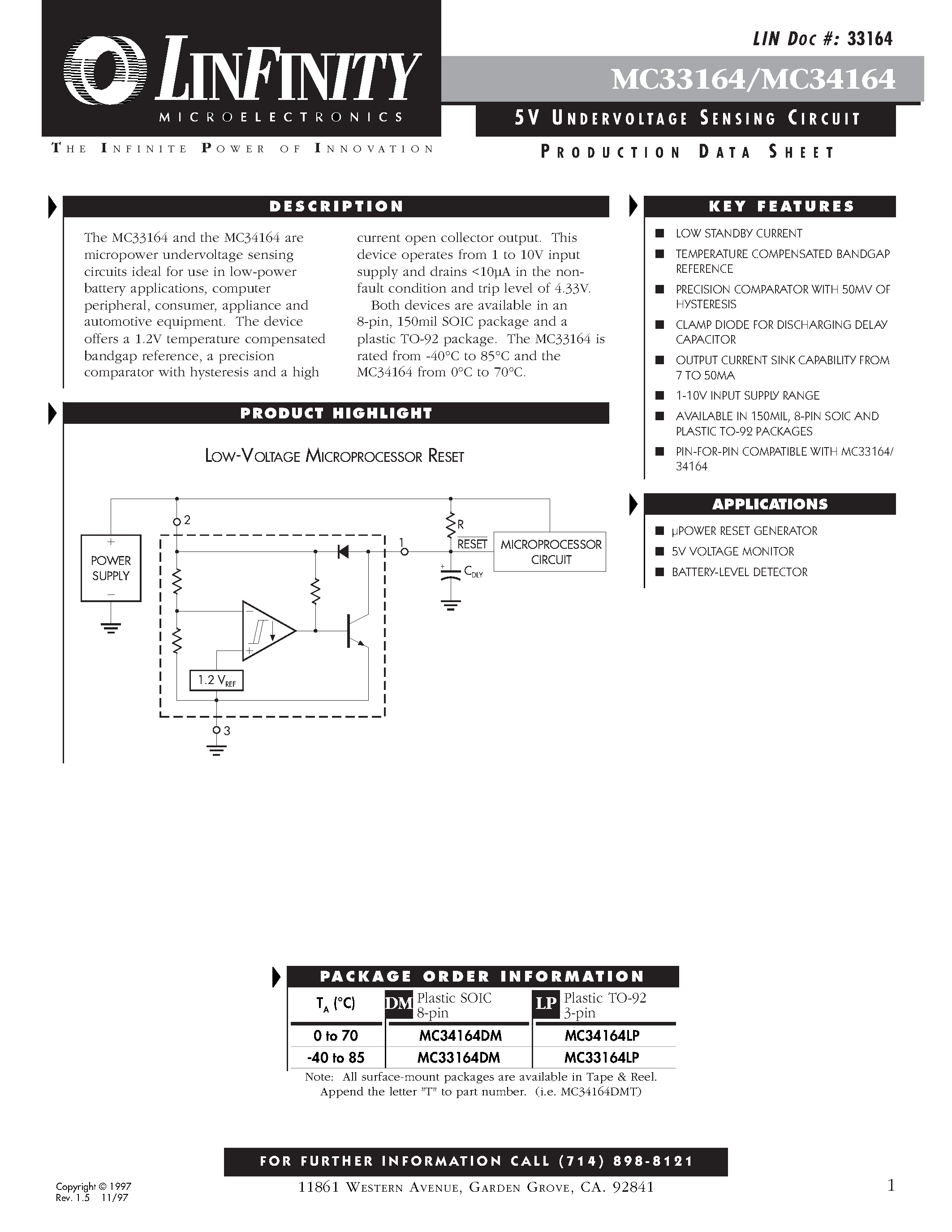 Datasheet MC34164 - 5V UNDERVOLTAGE SENSING CIRCUIT page 1