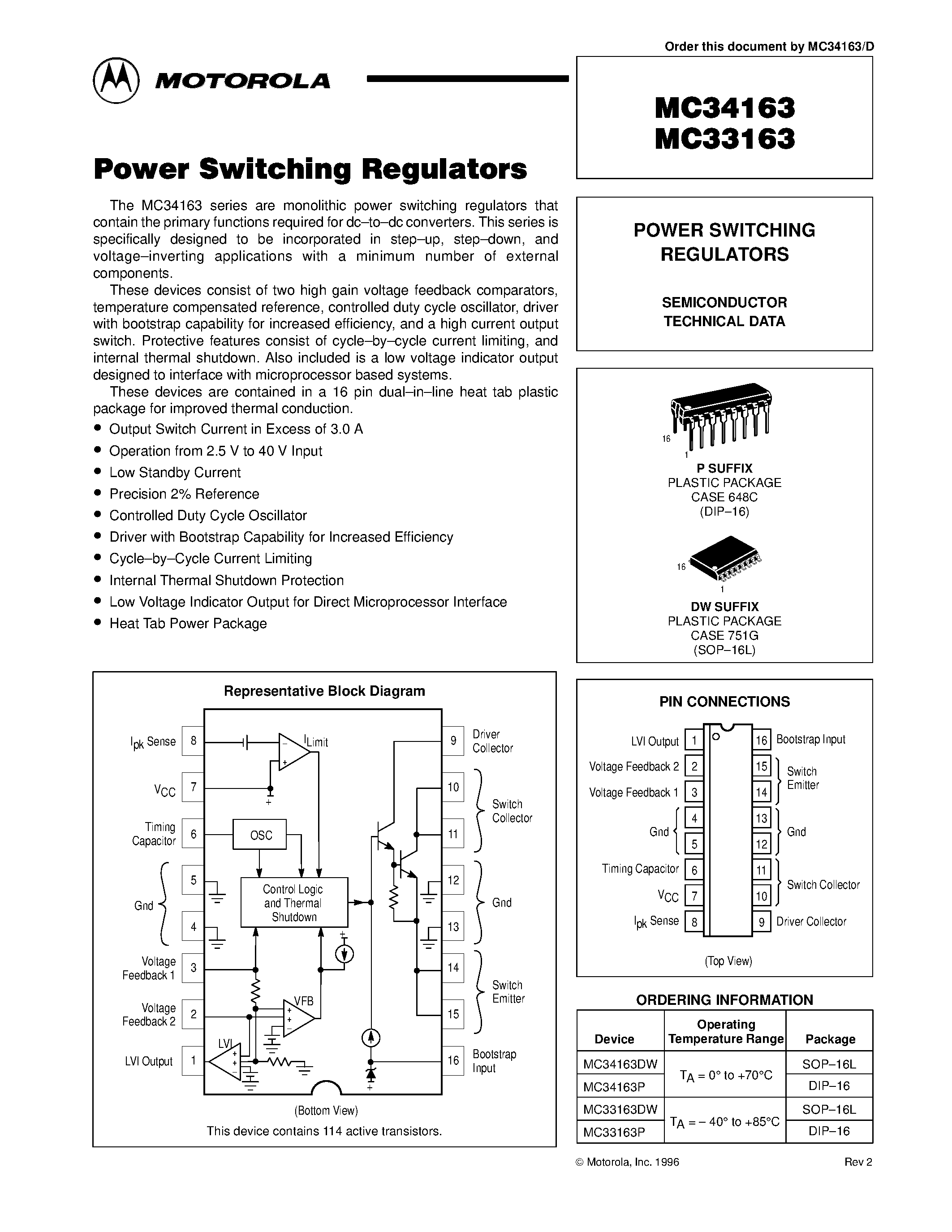Datasheet MC34163 page 1 Datasheet MC34163 - POWER SWITCHING REGULATORS page 1