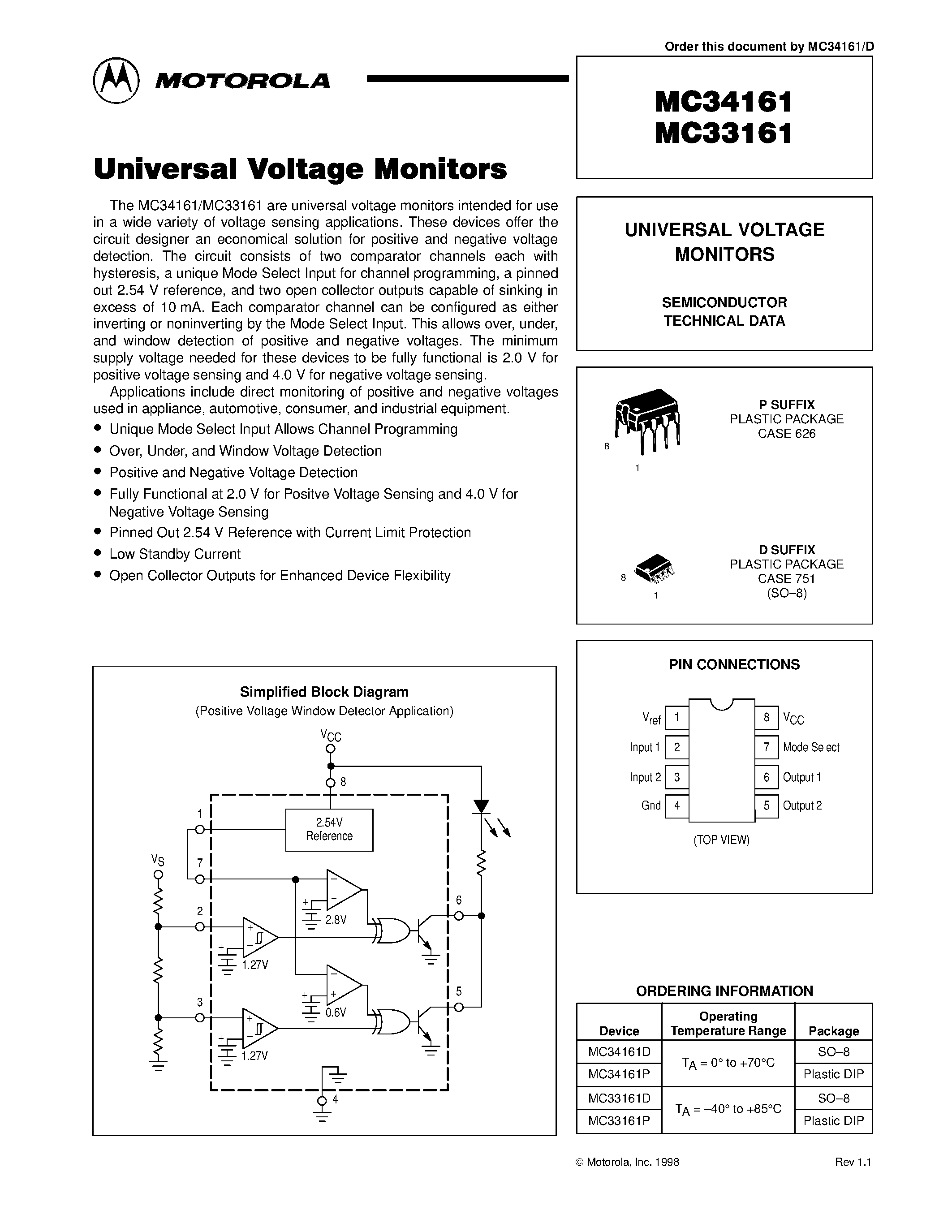Datasheet MC34161 - UNIVERSAL VOLTAGE MONITORS page 1