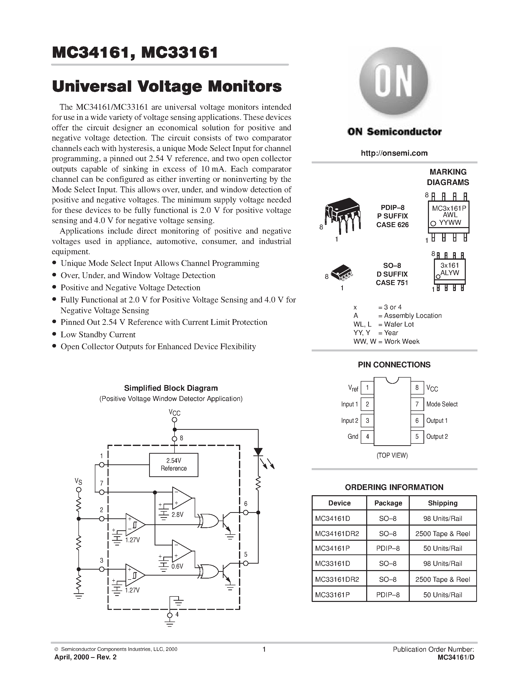 Datasheet MC34161 page 1 Datasheet MC34161 - Universal Voltage Monitors page 1