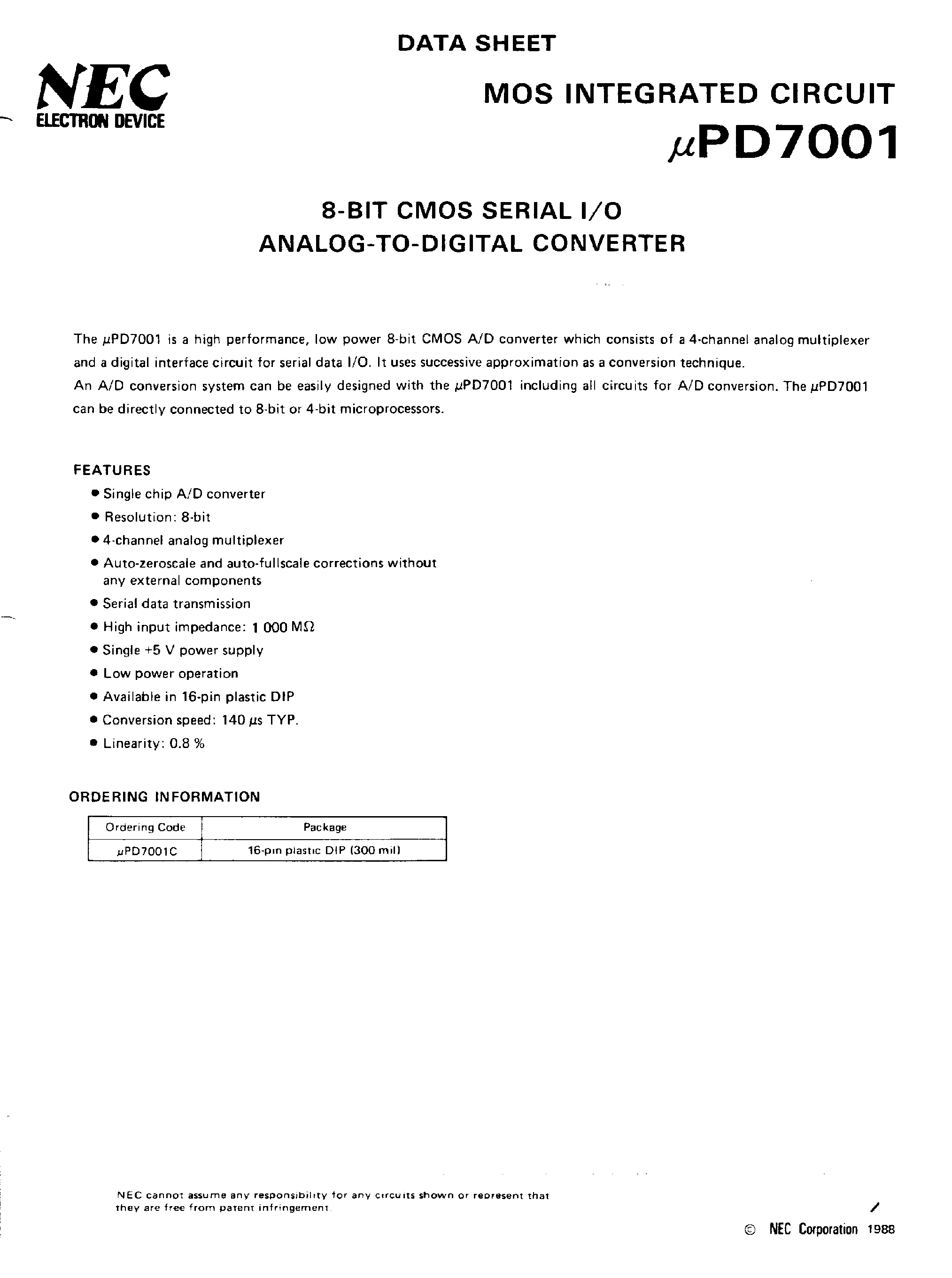 Datasheet UPD7001 - 8-Bit CMOS Serial I/O Analog to Digital Converter page 1