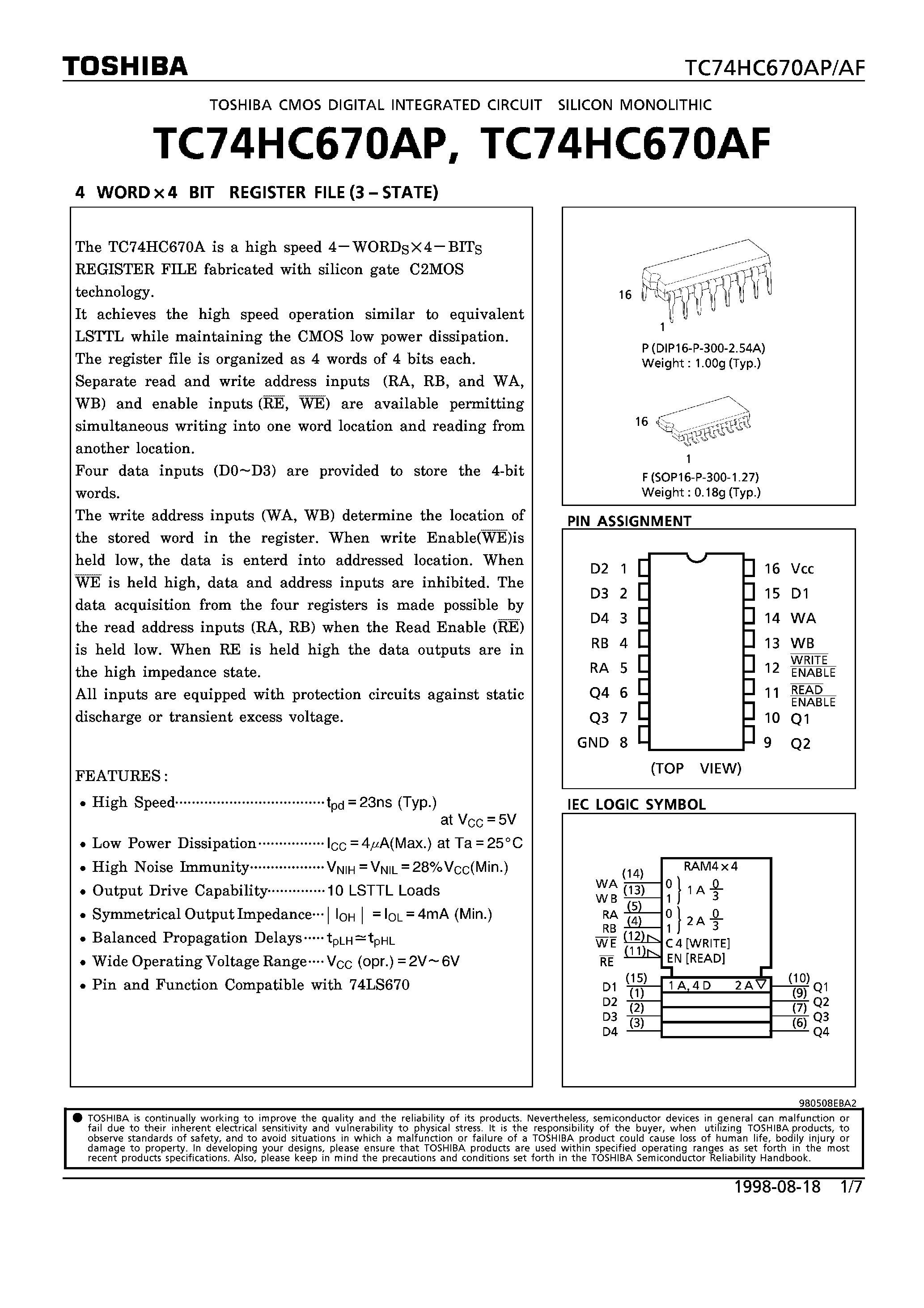 Datasheet TC74HC670 page 1 Datasheet TC74HC670 - 4 WORDx4 BIT REGISTER FILE(3-STATE) page 1