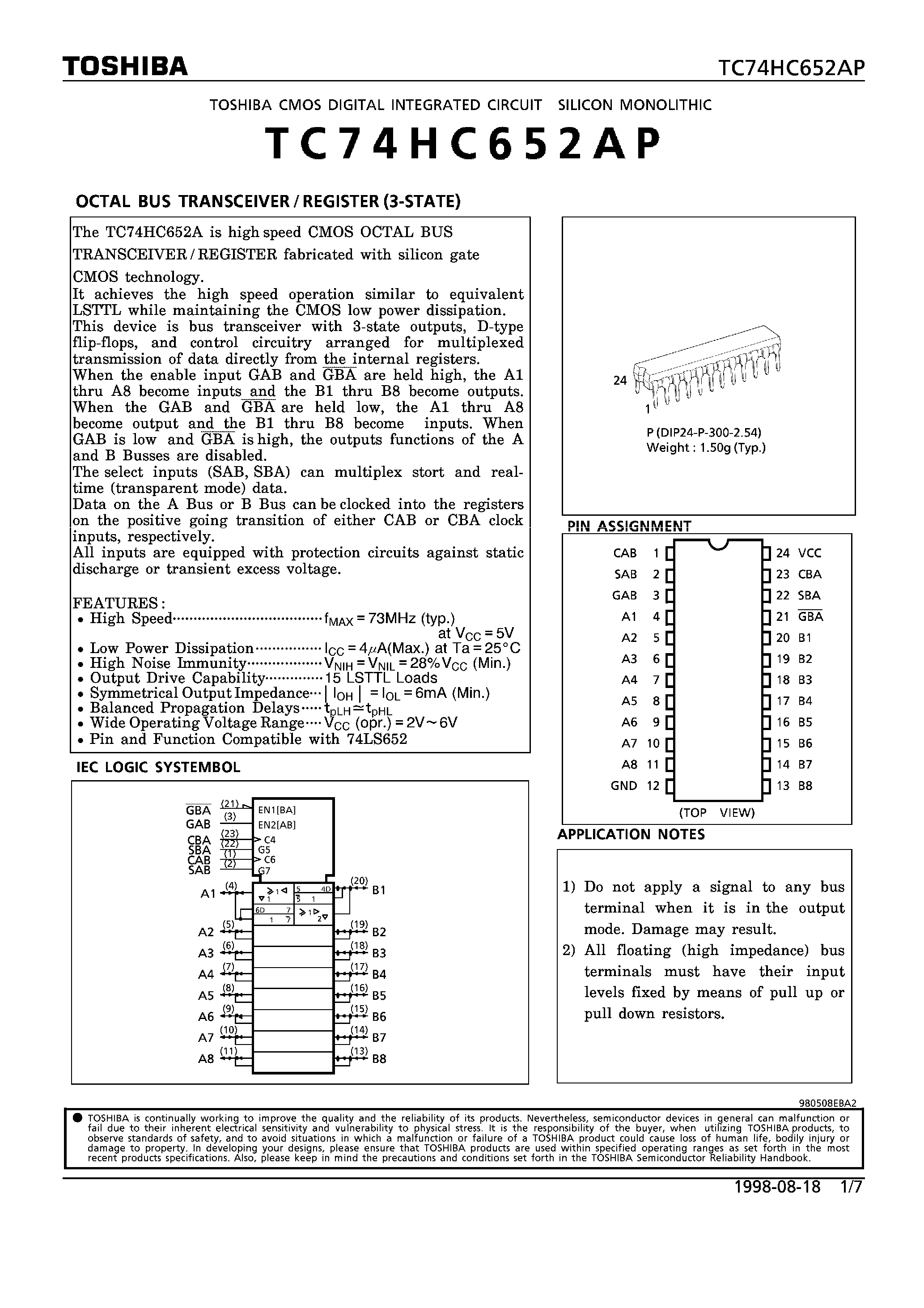 Datasheet TC74HC652AP - OCTAL BUS TRANSCEIVER/REGISTER(3-STATE) page 1