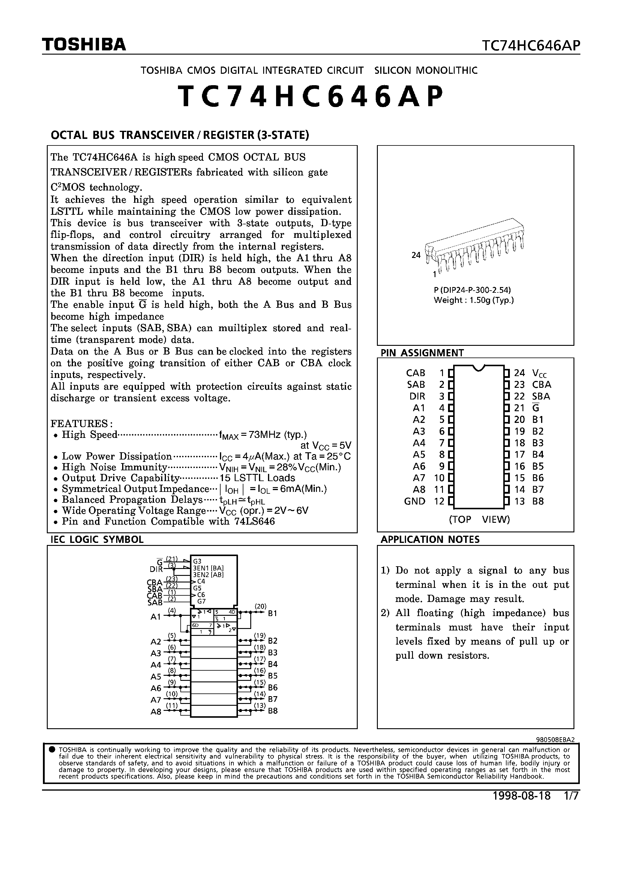 Datasheet TC74HC646AP - OCTAL BUS TRANSCEIVER/REGISTER(3-STATE) page 1