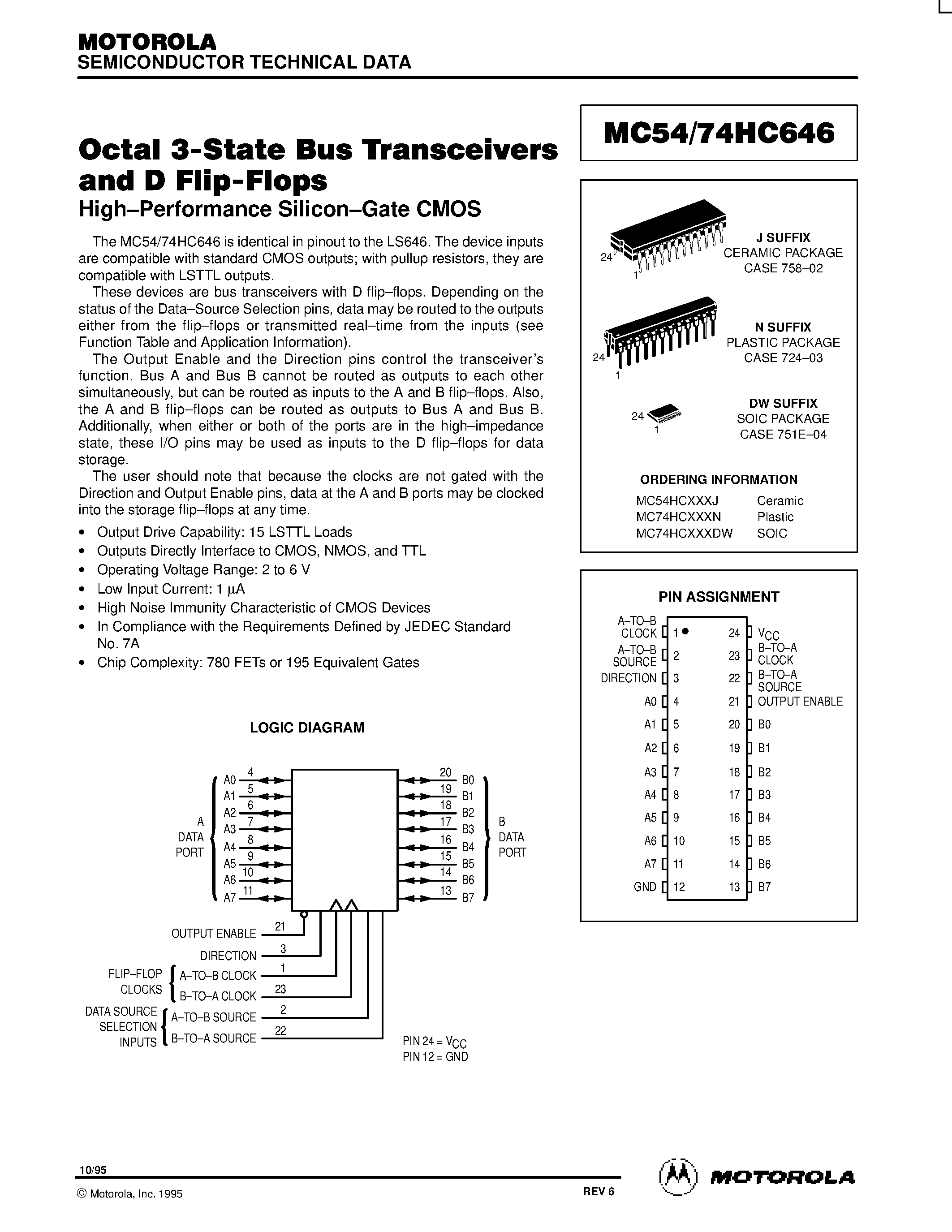 Даташит MC74HC646 - Octal 3-State Bus Transeceivers and D Flip-Flops страница 1
