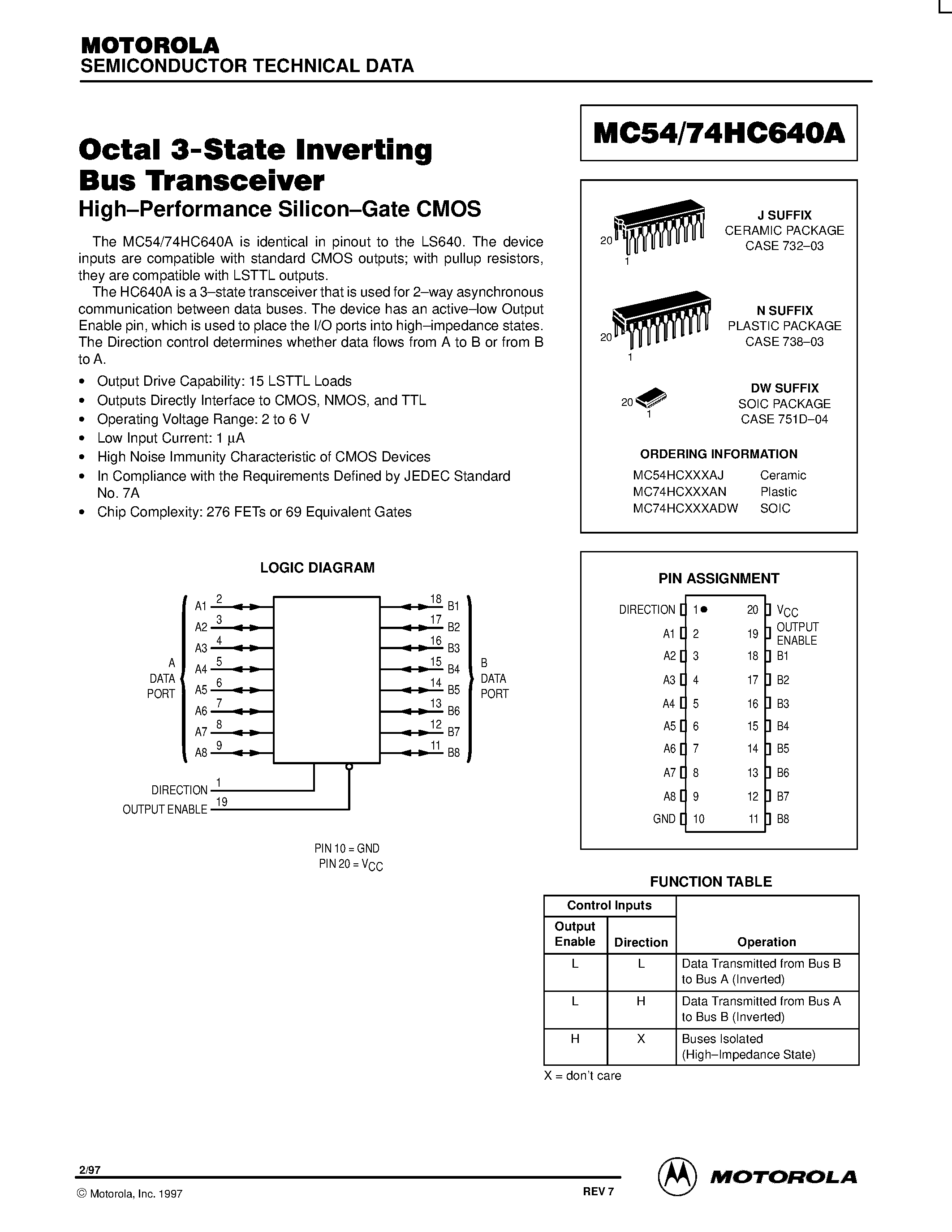 Даташит MC74HC640A - Octal 3-State Inverting Bus Transeceiver страница 1