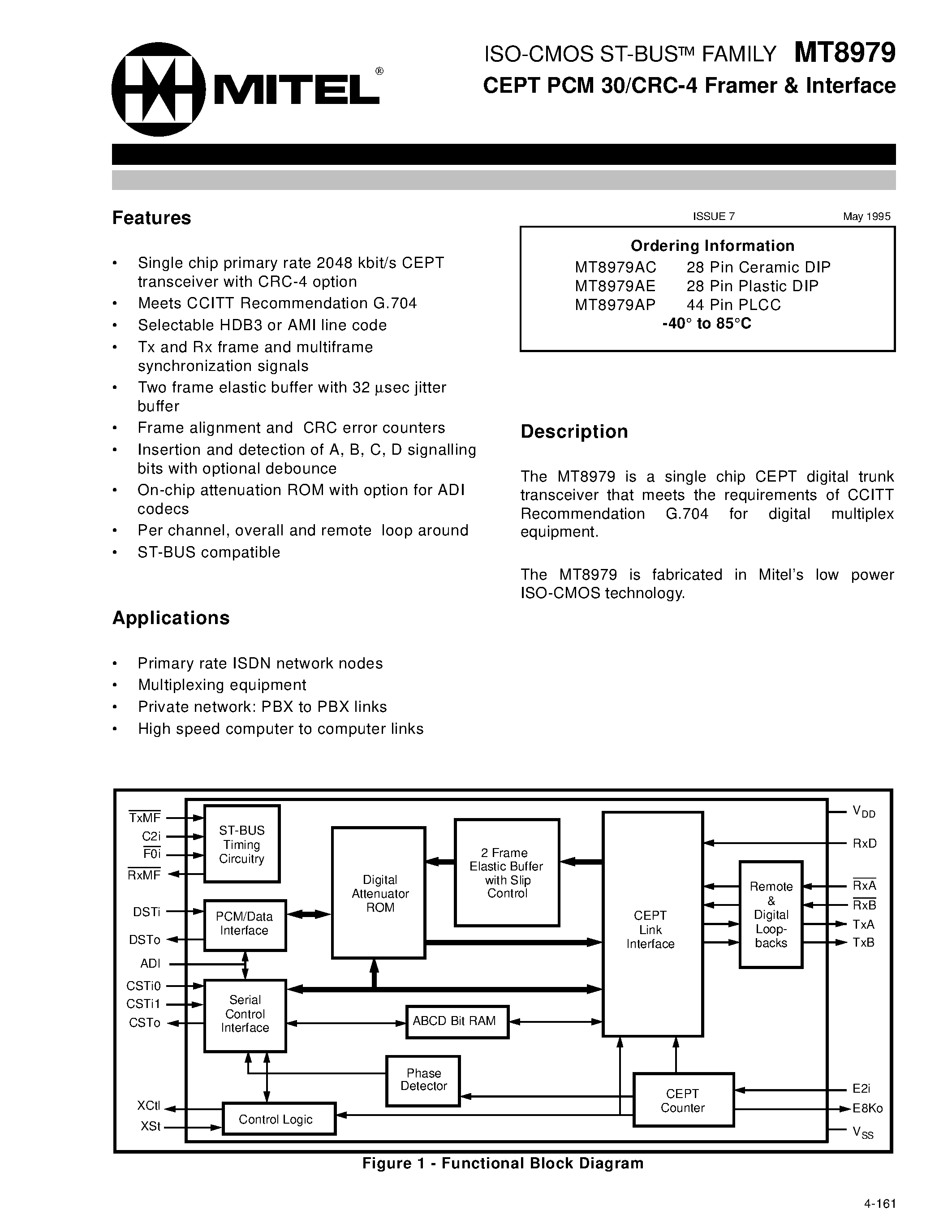Datasheet MT8979 - ISO-CMOS ST-BUS FAMILY CEPT PCM 30/CRC-4 Framer & Interface page 1