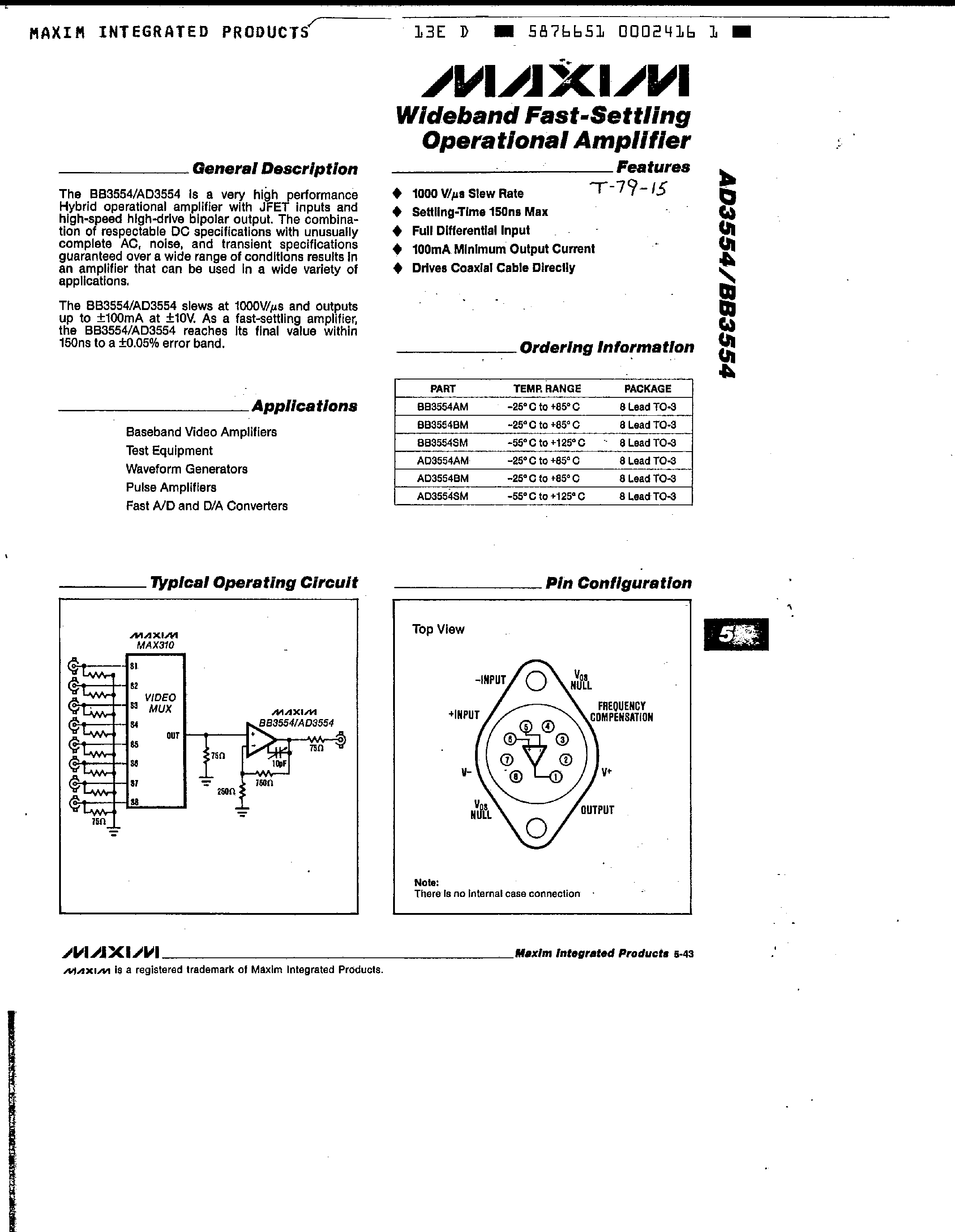 Datasheet AD3554 - Wideband Fast-Settling Operational Amplifier page 1