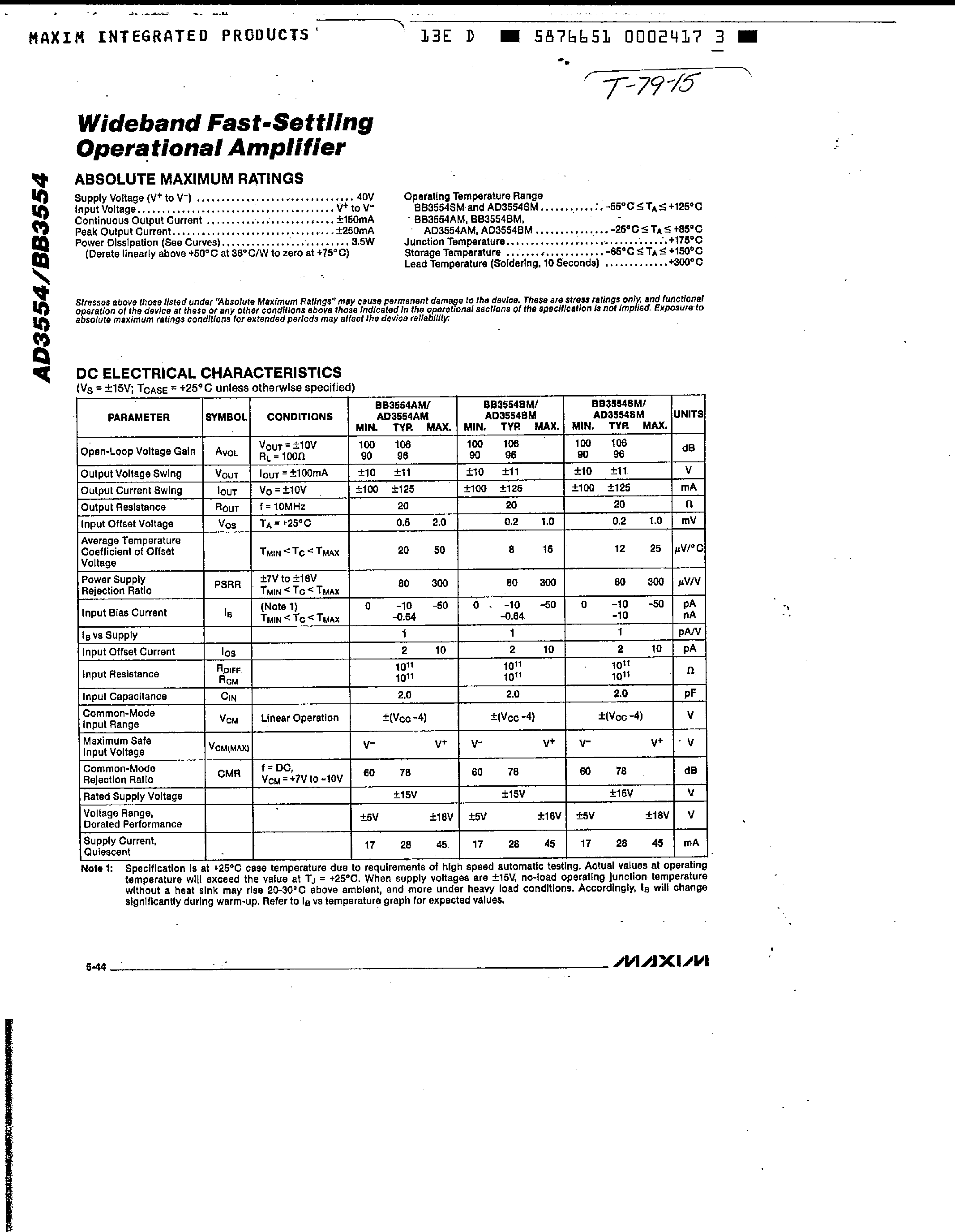 Datasheet AD3554 - Wideband Fast-Settling Operational Amplifier page 2