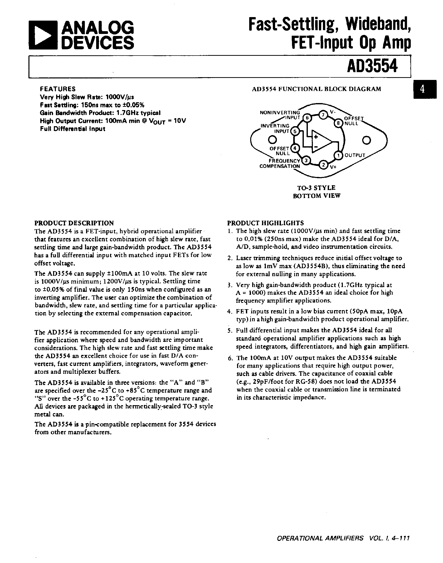 Даташит AD3554 - Fast Settling / Wideband / FET-Input Op Amp страница 1