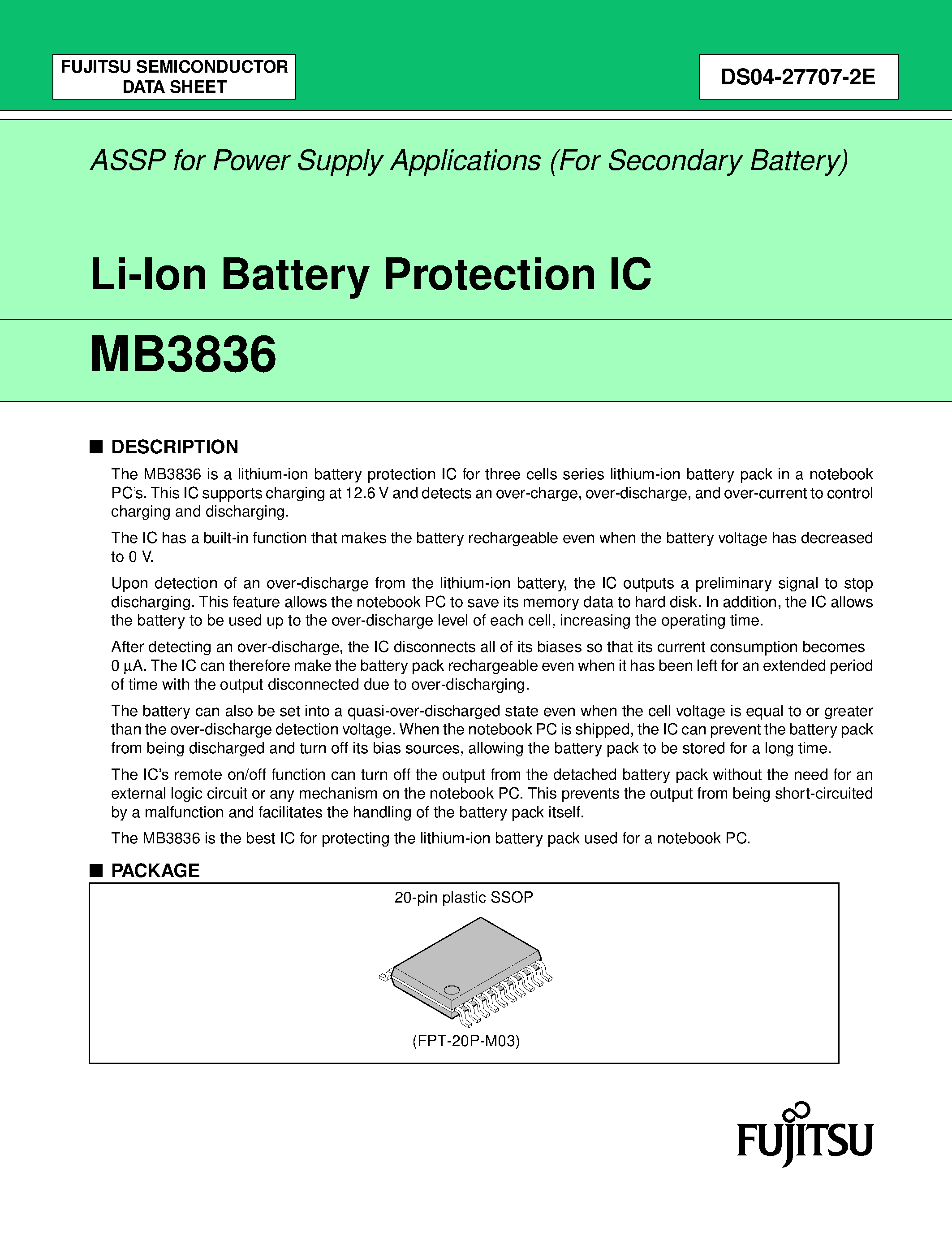 Datasheet MB3836 - Li-lon Battery Protection IC page 1