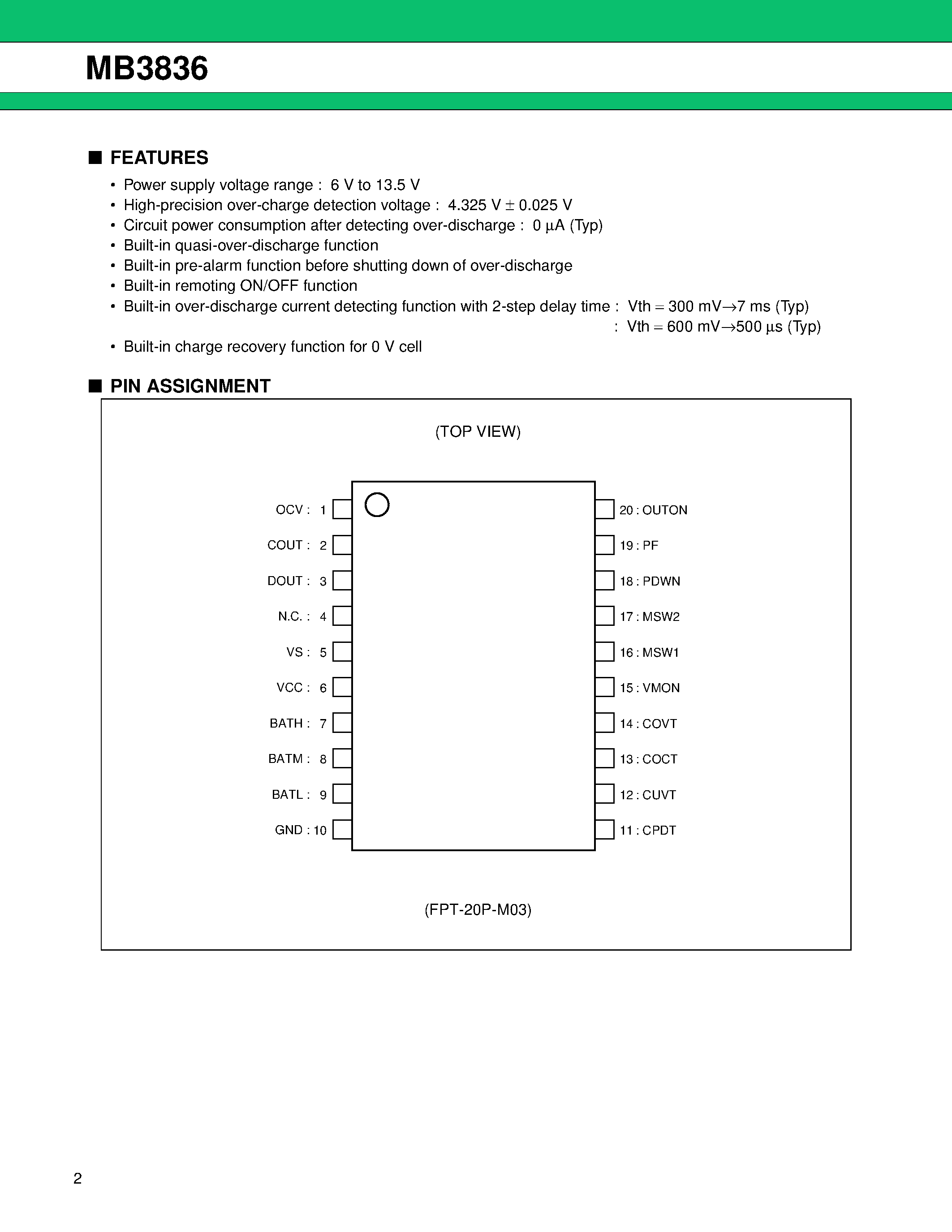 Datasheet MB3836 - Li-lon Battery Protection IC page 2