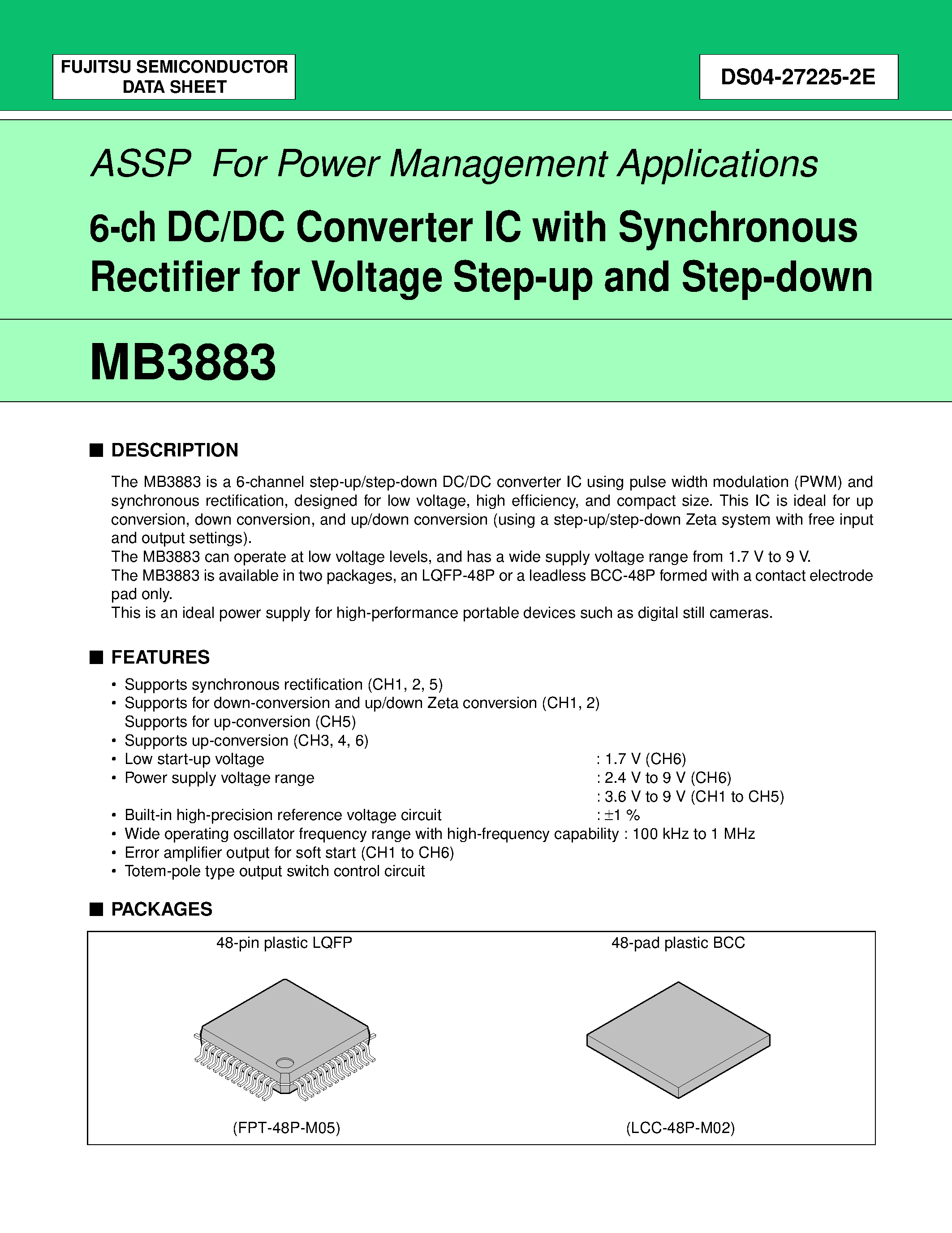 Datasheet MB3883 - 6-ch DC/DC Converter IC With Synchronous Rectification for voltage step-up and step-down page 1