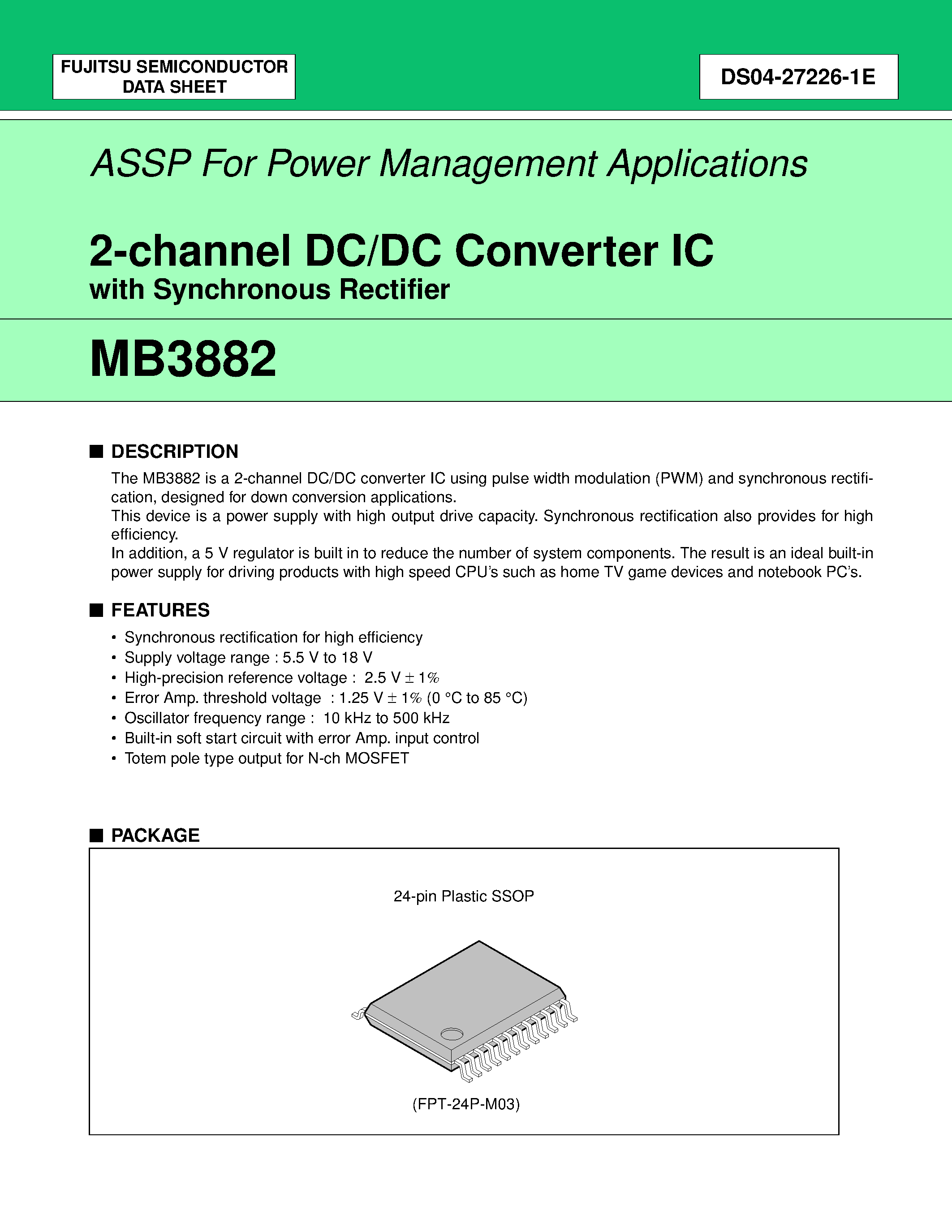 Datasheet MB3882 - 2-channel DC/DC Converter IC with Synchronous Rectifier page 1