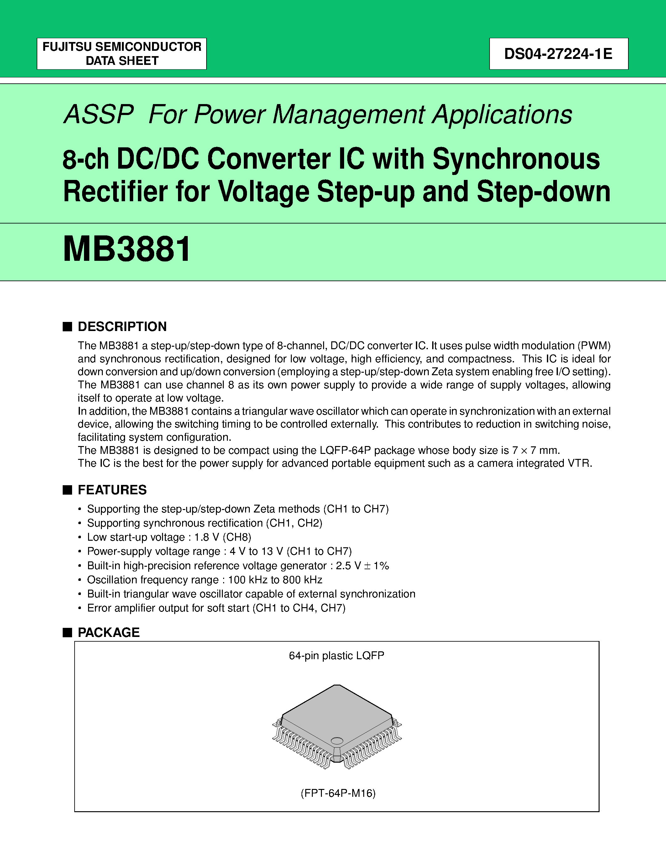 Даташит MB3881 - 8-ch DC/DC Converter IC with Synchronous Rectifier for Voltage Step-up and Step-down страница 1