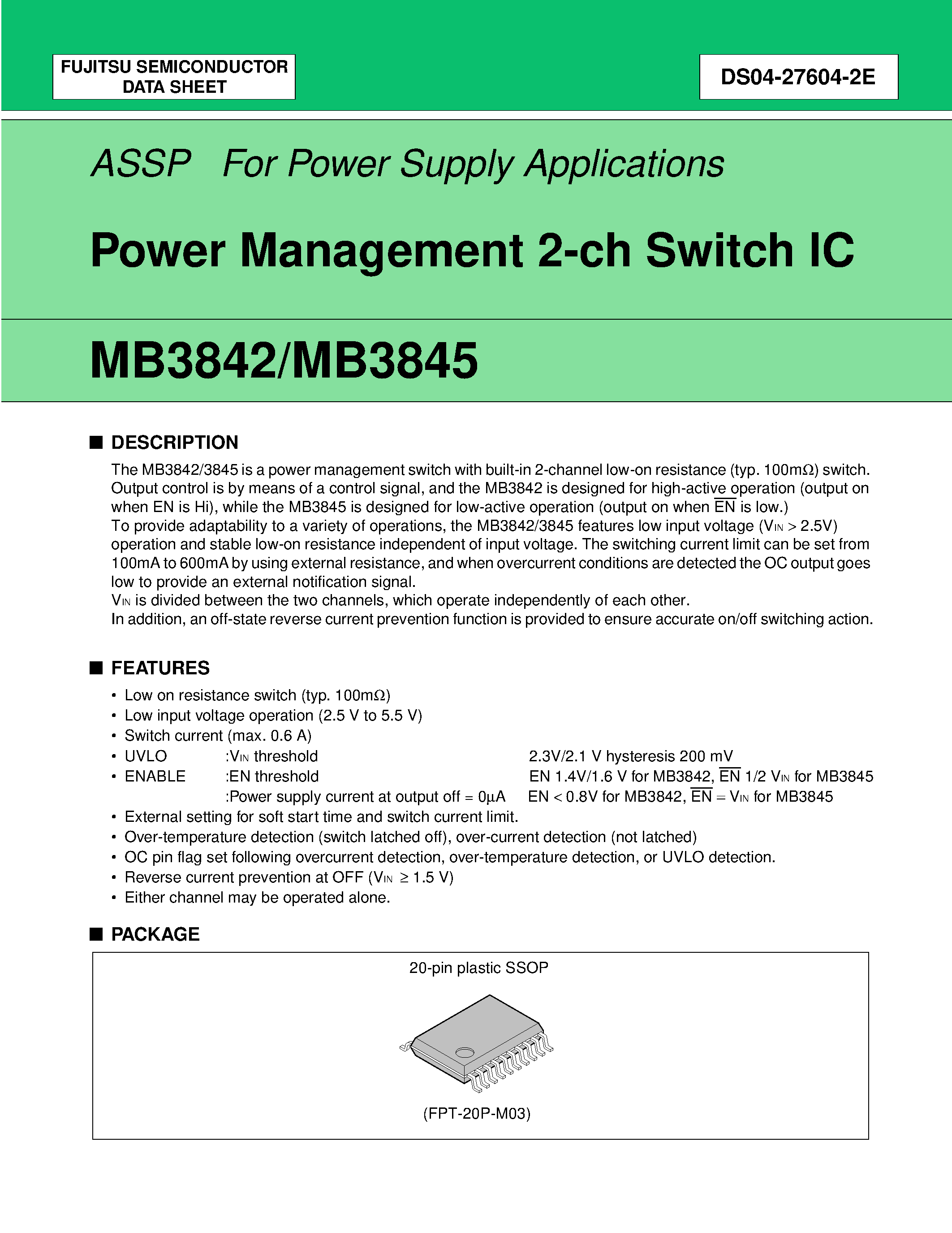 Datasheet MB3842 - Power Management 2-ch Switch IC page 1