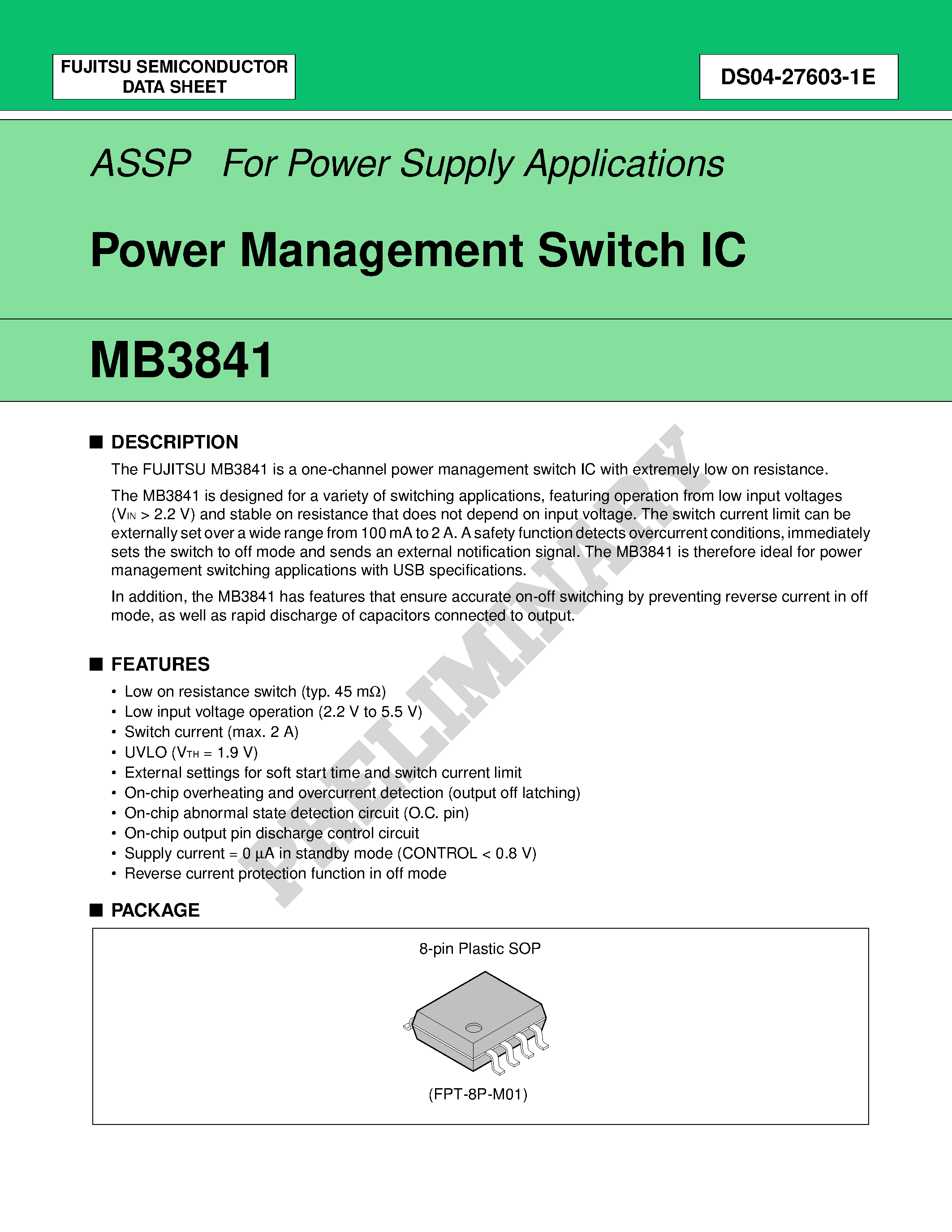 Datasheet MB3841 page 1 Datasheet MB3841 - Power Management Switch IC page 1