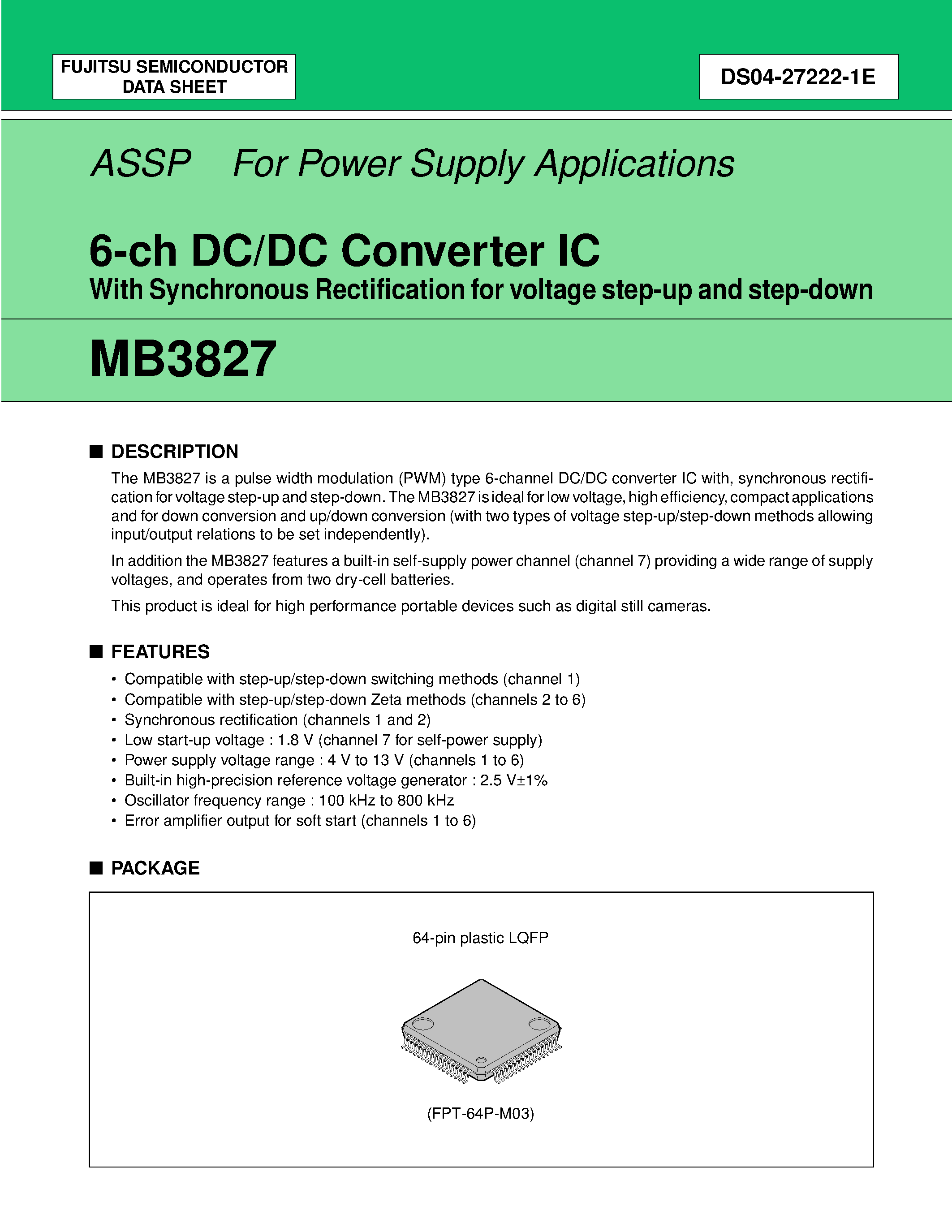 Даташит MB3827 - 6-ch DC/DC Converter IC With Synchronous Rectification for voltage step-up and step-down страница 1