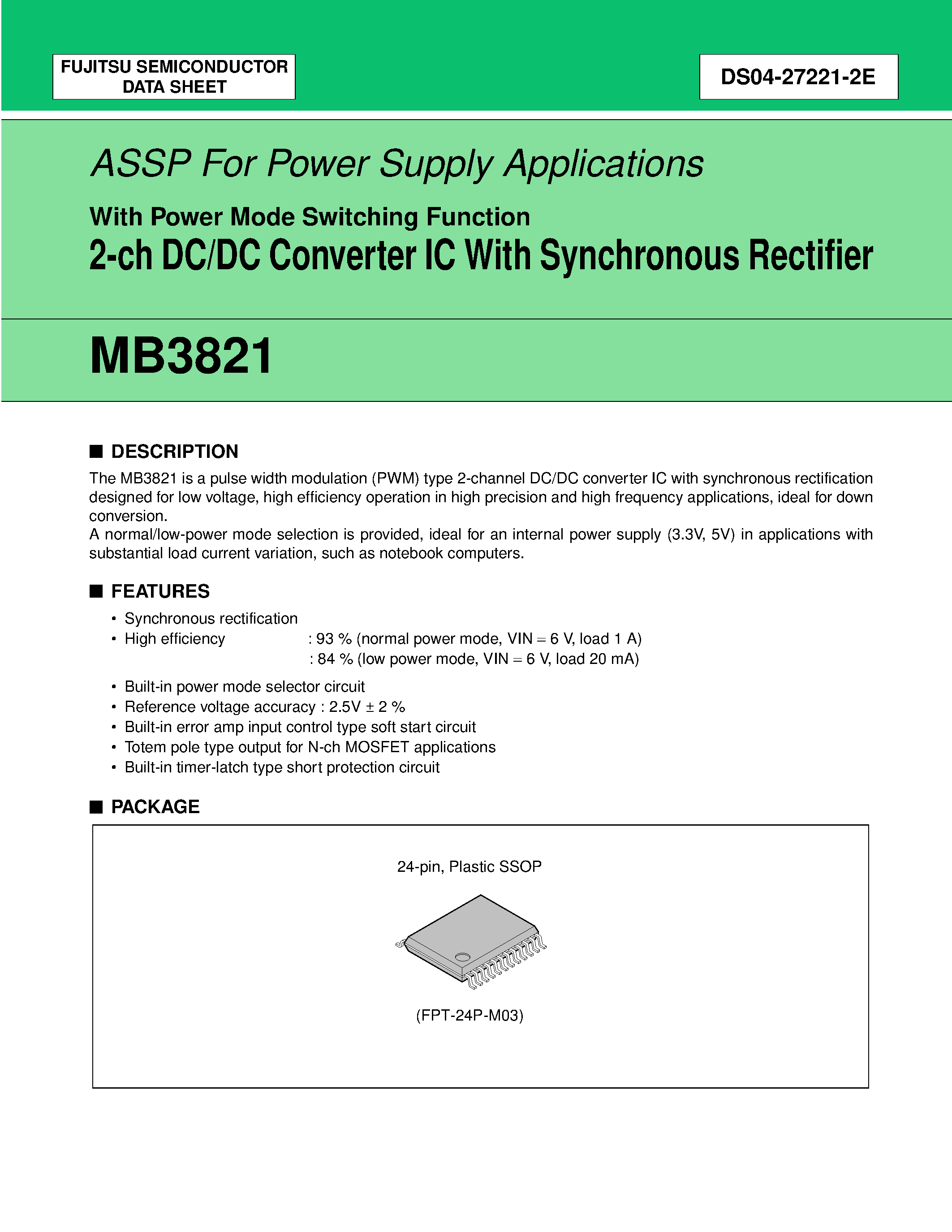 Datasheet MB3821 - 2-ch DC/DC Converter IC With Synchronous Rectifier page 1