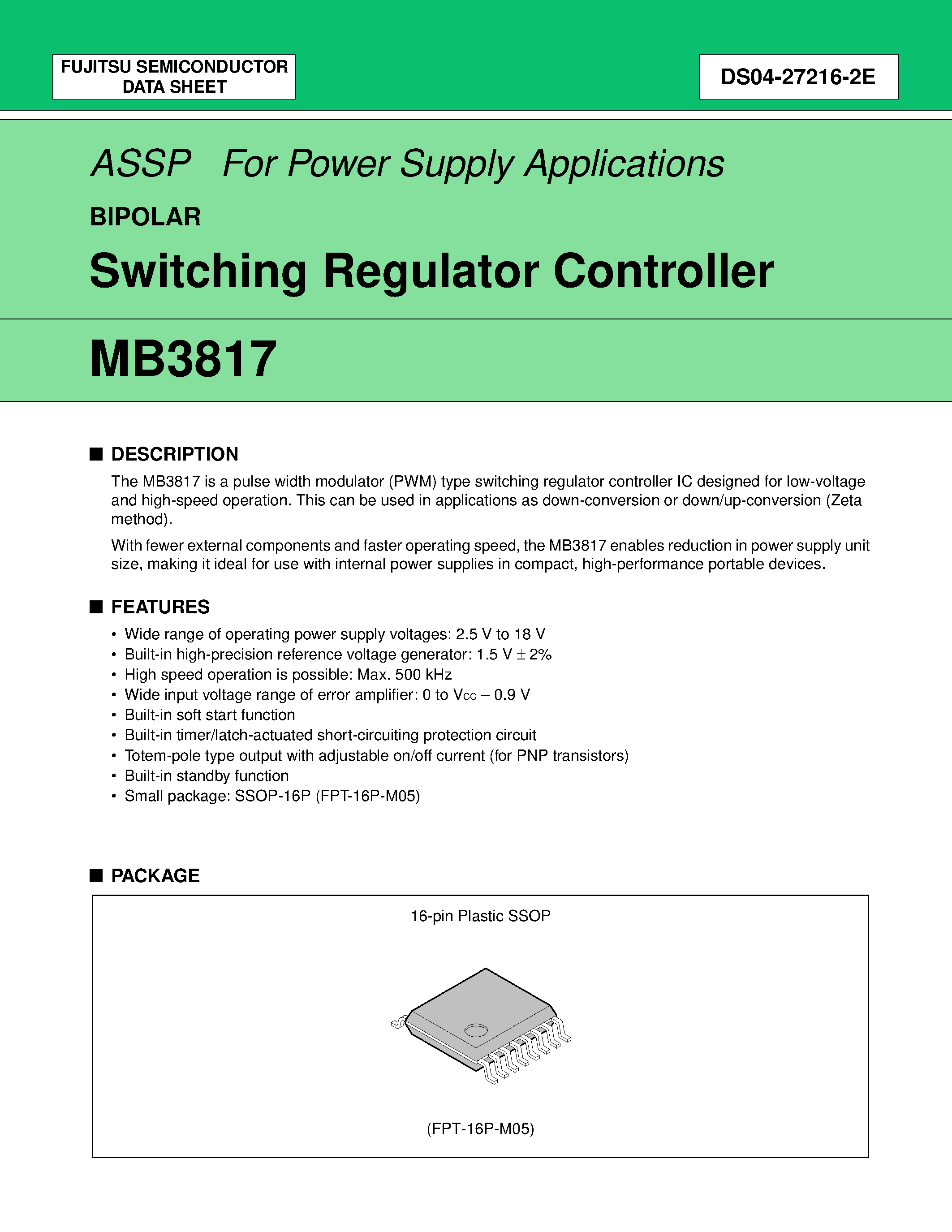 Datasheet MB3817 page 1 Datasheet MB3817 - Switching Regulator Controller page 1