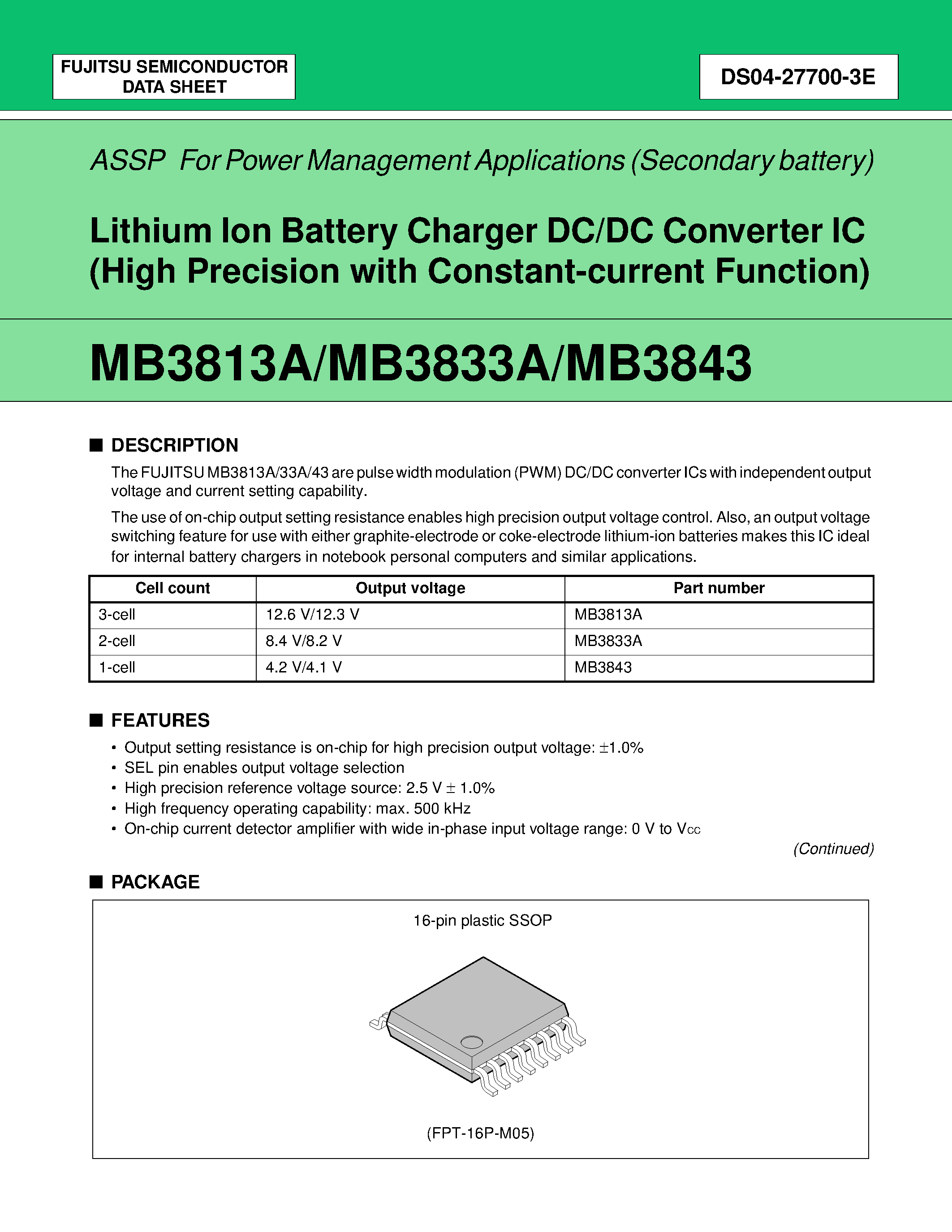 Datasheet MB3813A - Lithium Ion Battery Charger DC/DC Converter IC page 1