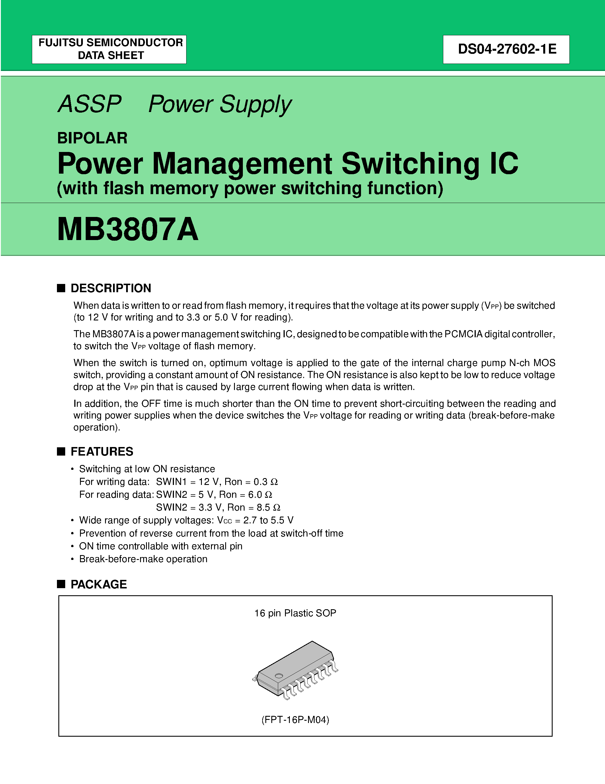 Datasheet MB3807A page 1 Datasheet MB3807A - Power Management Switching IC page 1