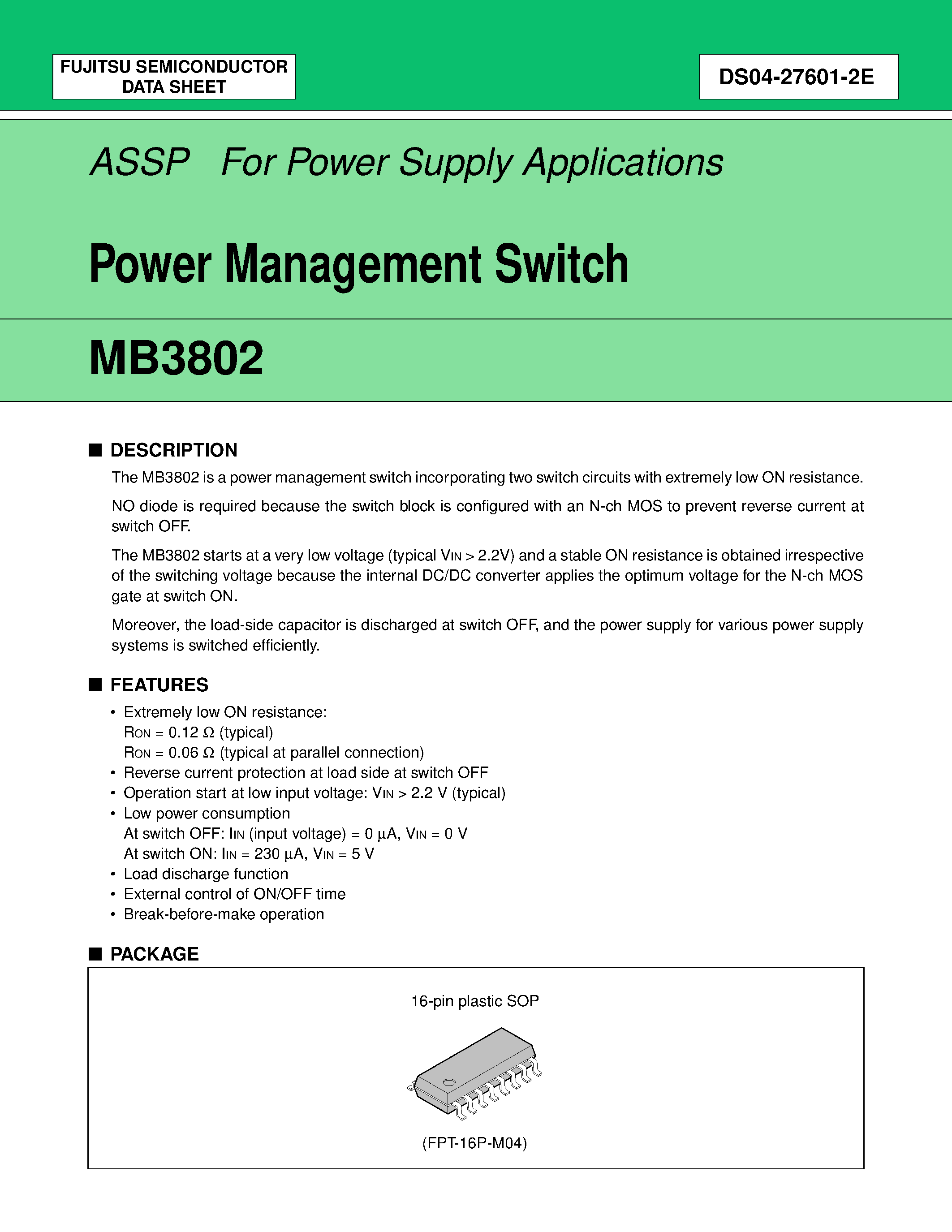 Datasheet MB3802 page 1 Datasheet MB3802 - Power Management Switch page 1