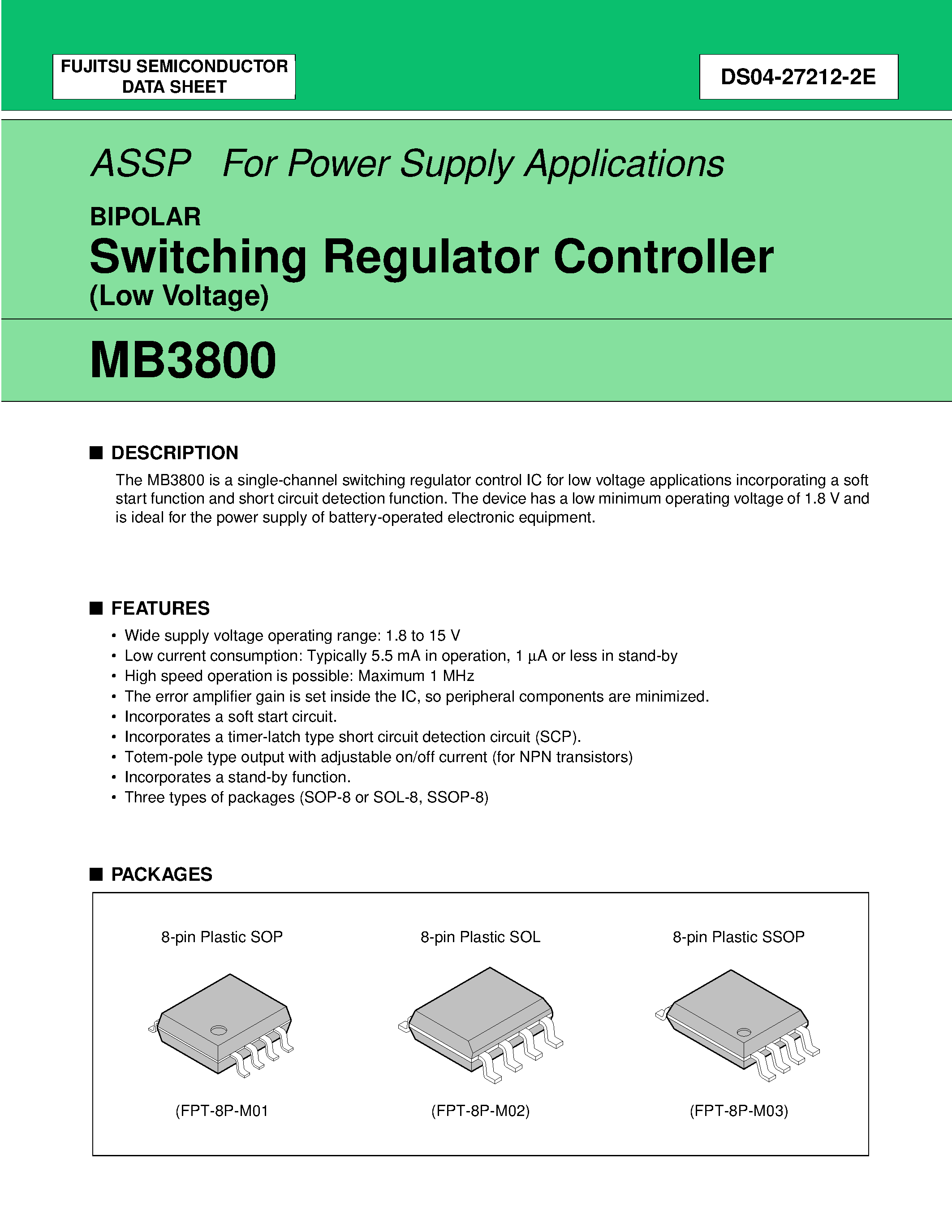 Datasheet MB3800 page 1 Datasheet MB3800 - Switching Regulator Controller (Low Voltage) page 1