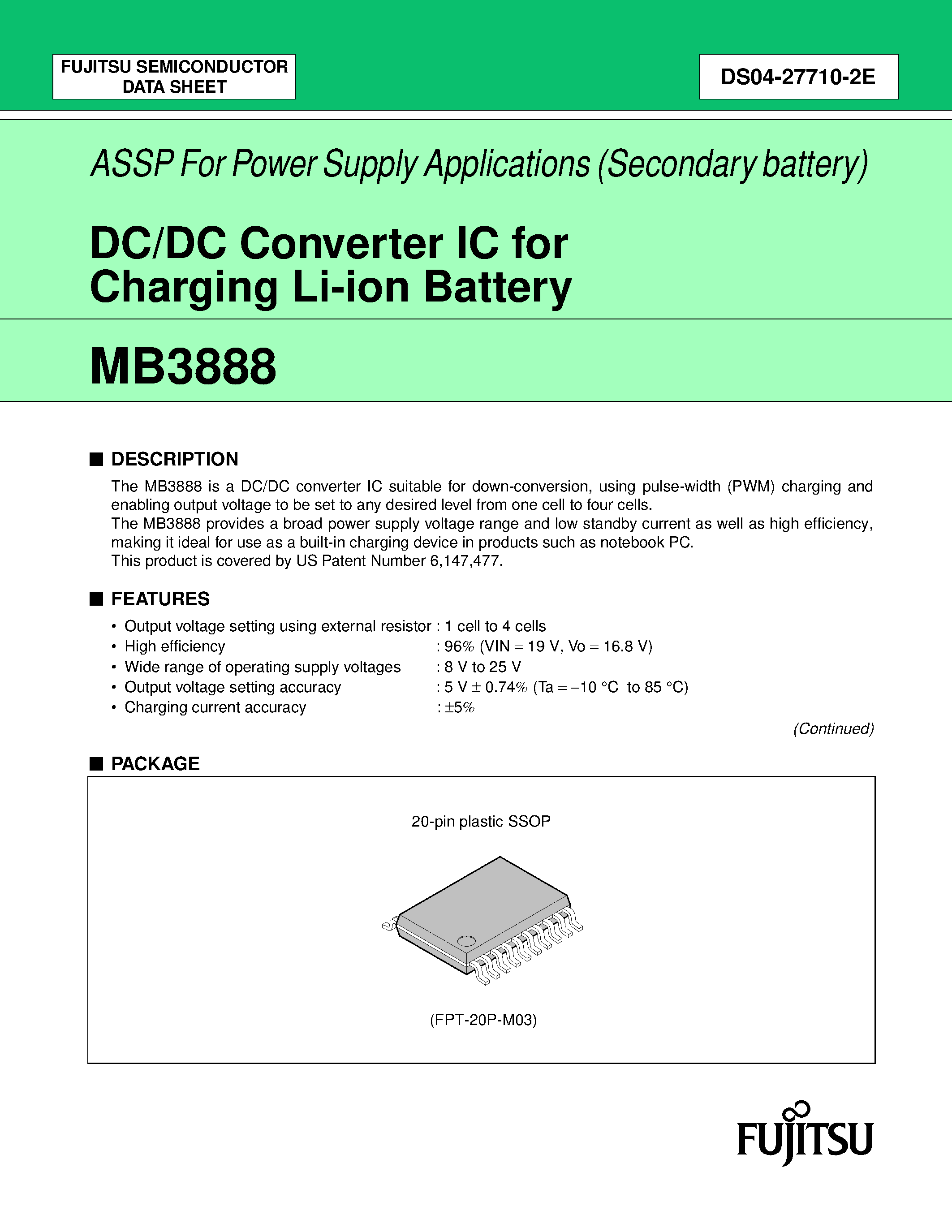 Datasheet MB3888 - DC/DC Converter IC for Charging Li-ion Battery page 1