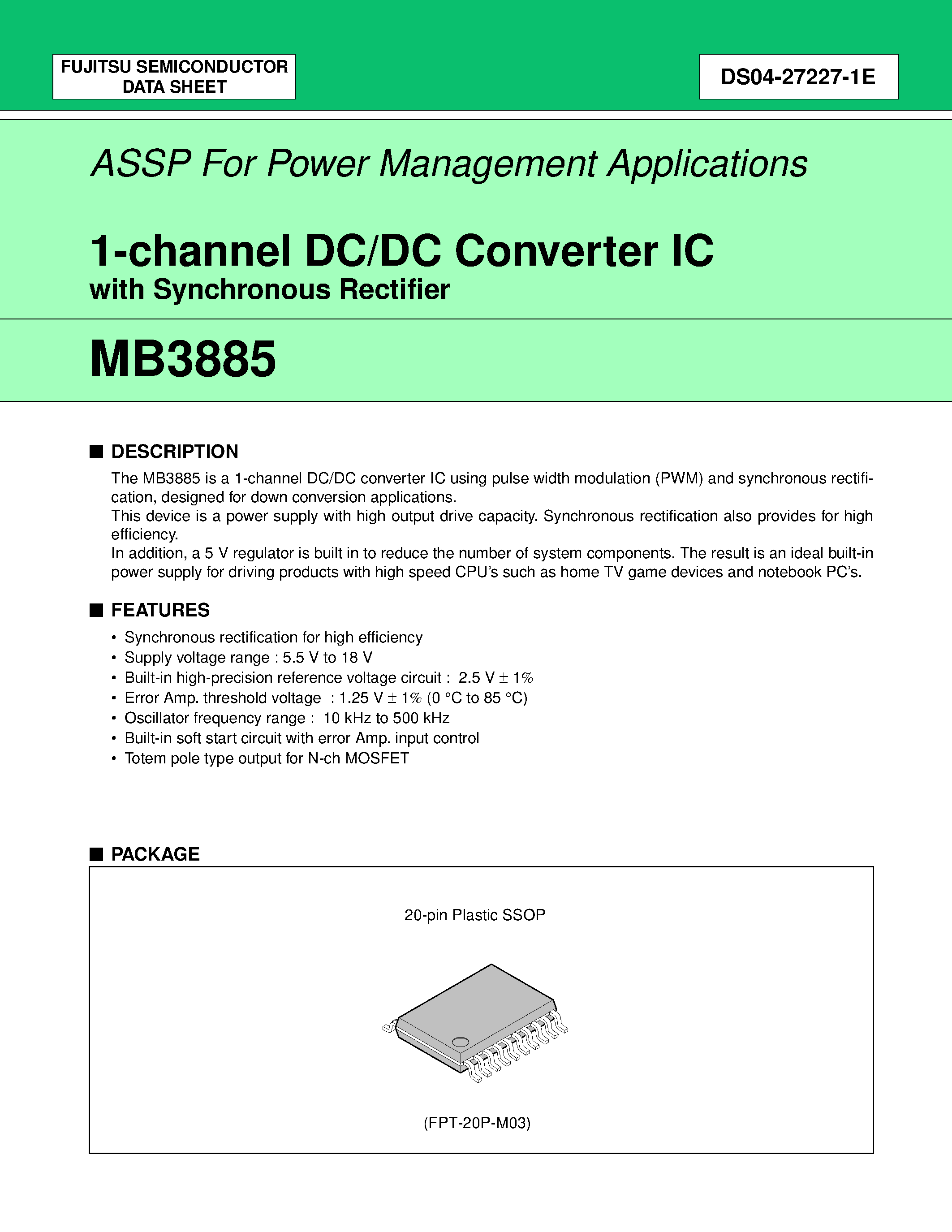 Datasheet MB3885 - 1-channel DC/DC Converter IC with Synchronous Rectifier page 1