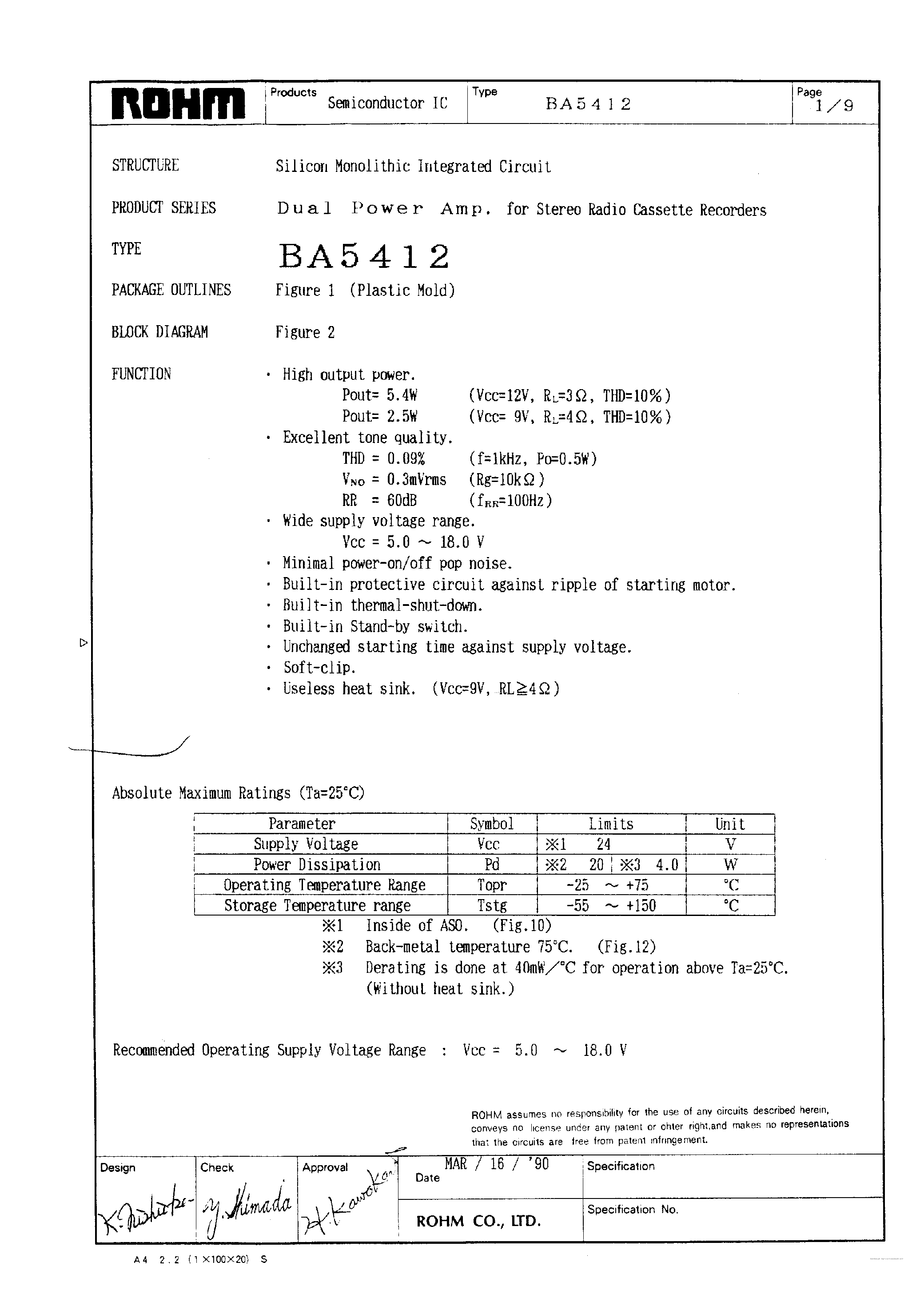Даташит на микросхему BA5412 страница 1 Даташит BA5412 - Power AMplifier страница 1