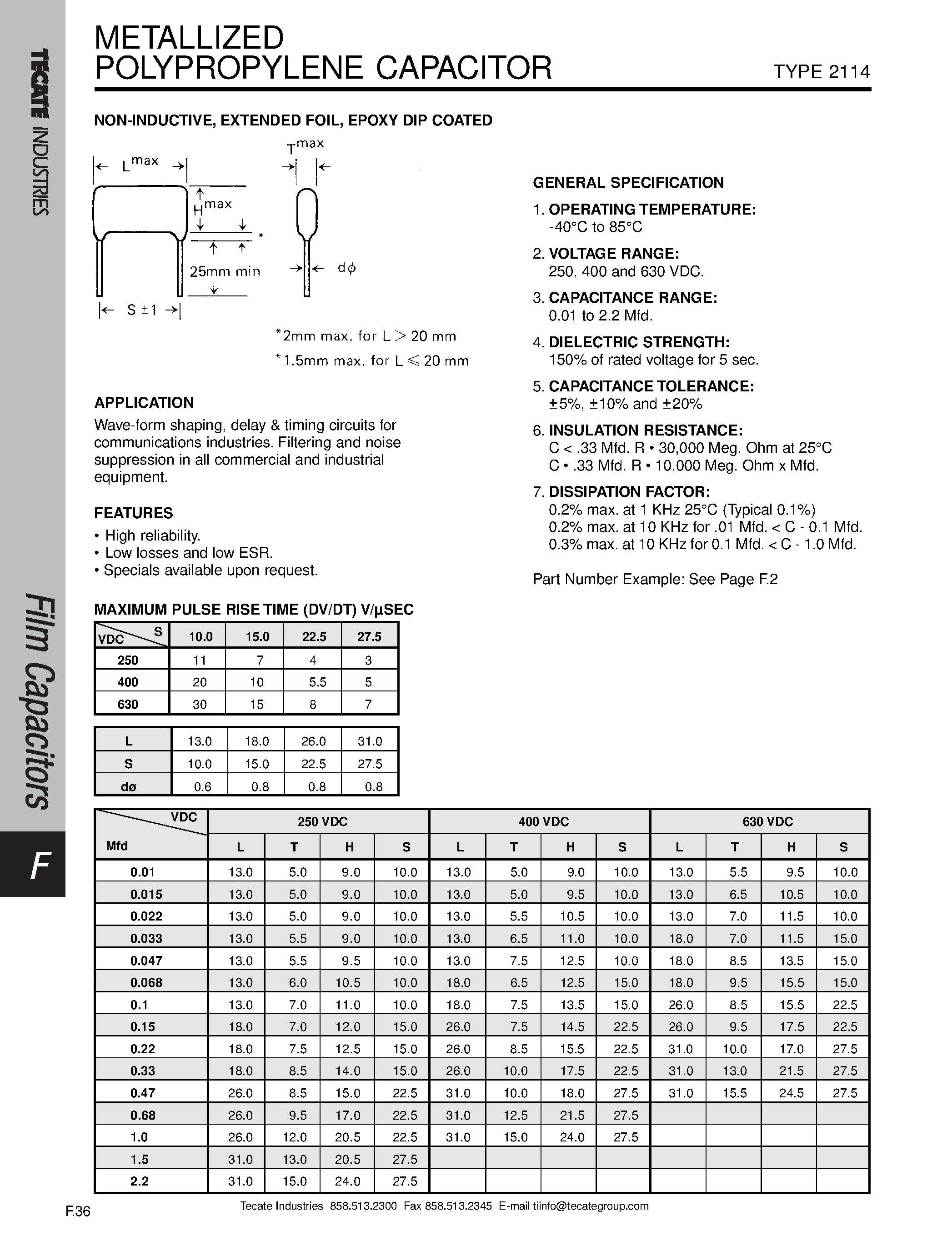 Datasheet 2114 - Metallized Polypropylene Capacitor page 1