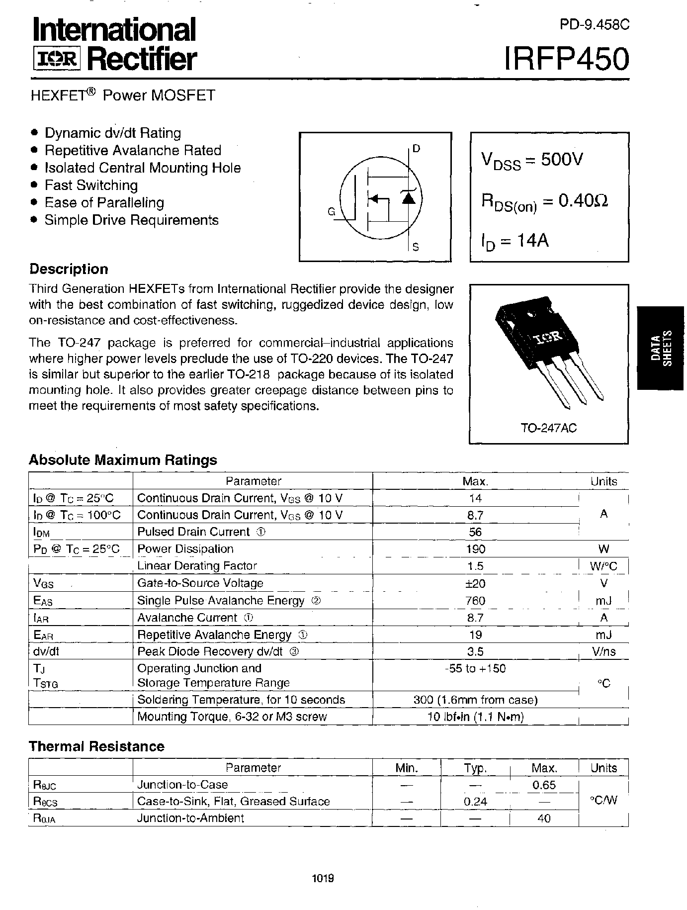 Datasheet IRFP450 - Power MOSFET page 1