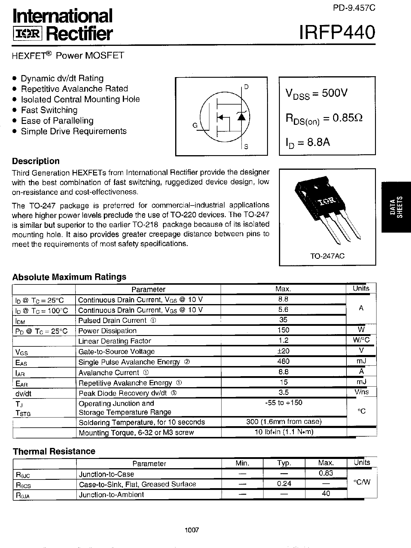 Datasheet IRFP440 - Power MOSFET page 1